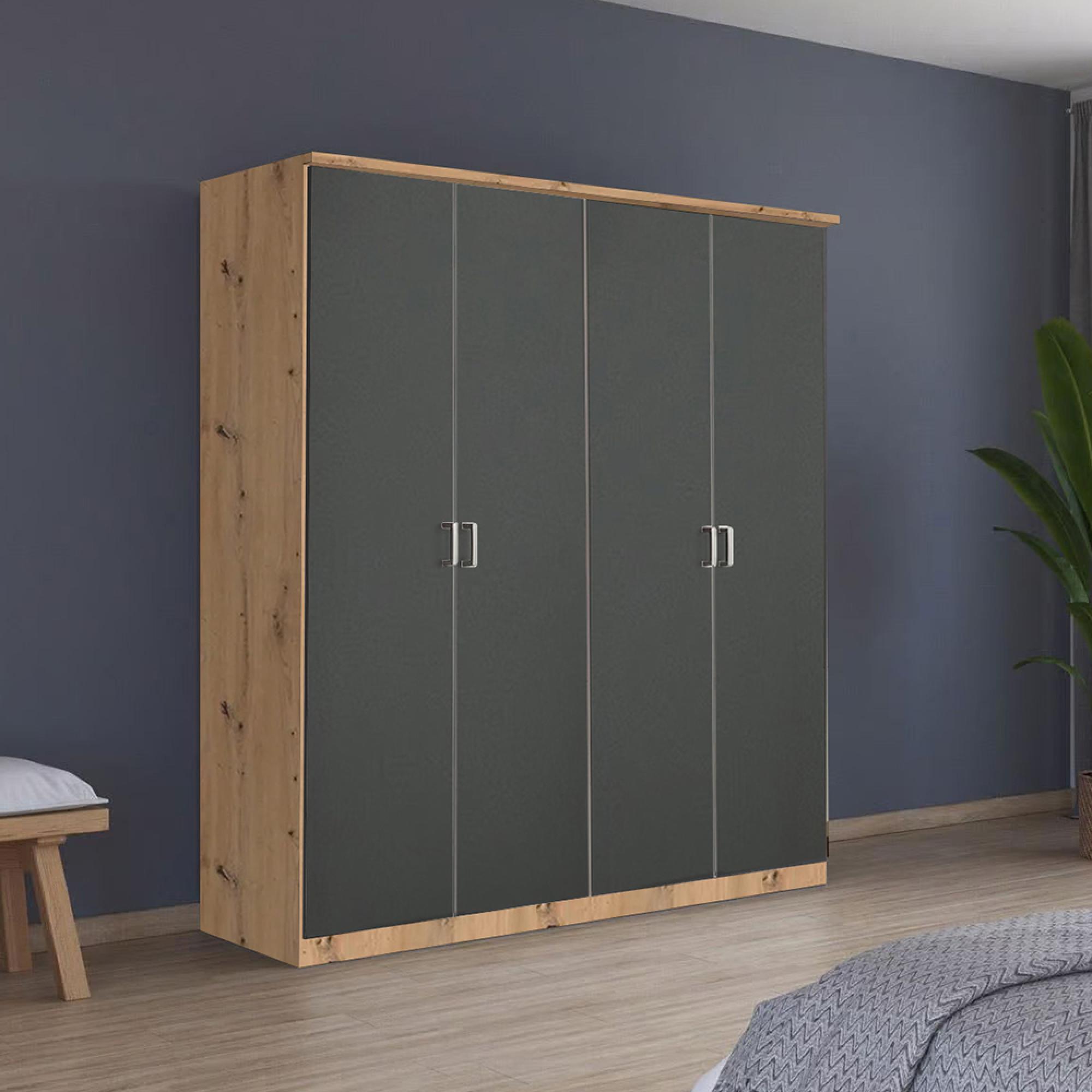 Rauch Celle Matt 181cm 4 Door Wardrobe - Artisan Oak and Metallic Dark Grey