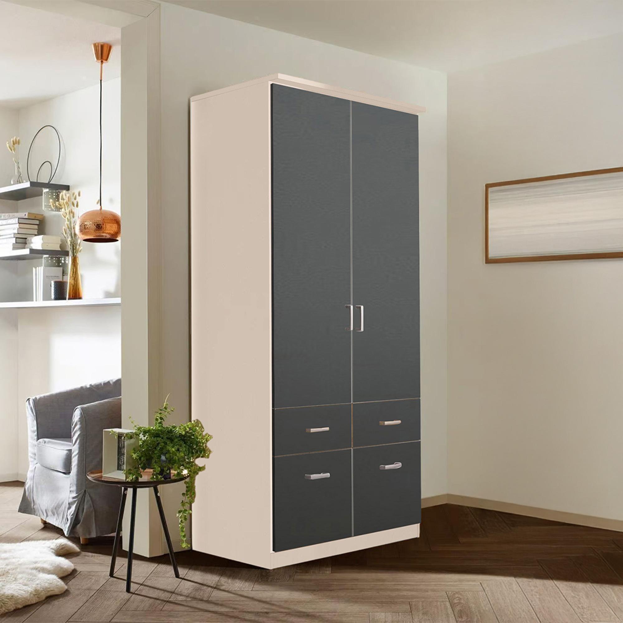 Rauch Celle Matt 91cm 2 Door Wardrobe with Drawer and Extras - Champagne and Metallic Dark Grey