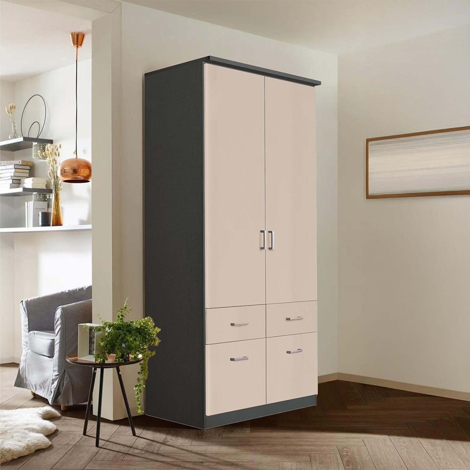 Rauch Celle Matt 91cm 2 Door Wardrobe with Drawer and Extras - Metallic Dark Grey and Champagne