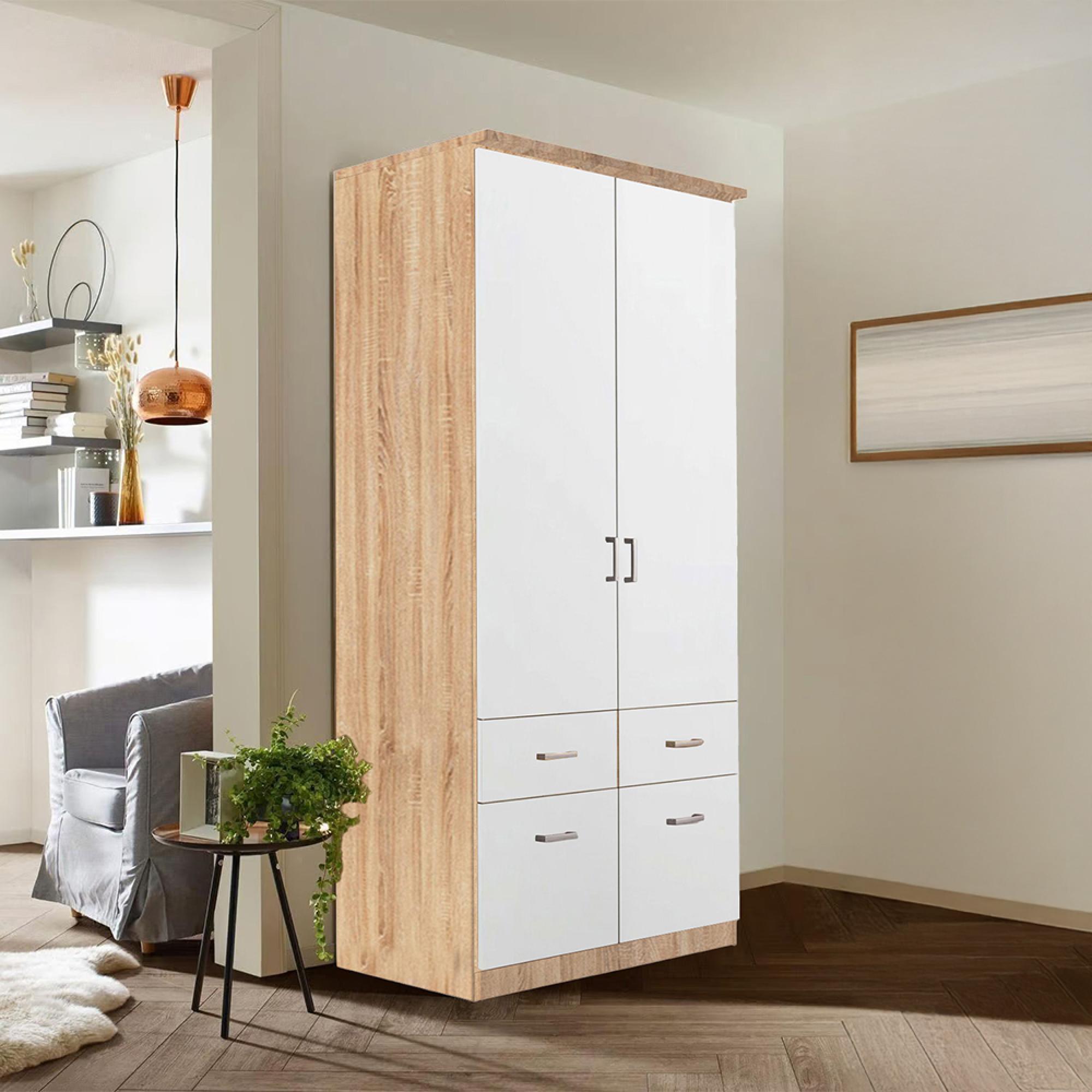 Rauch Celle Matt 91cm 2 Door Wardrobe with Drawer and Extras - Sonoma Oak and Alpine White