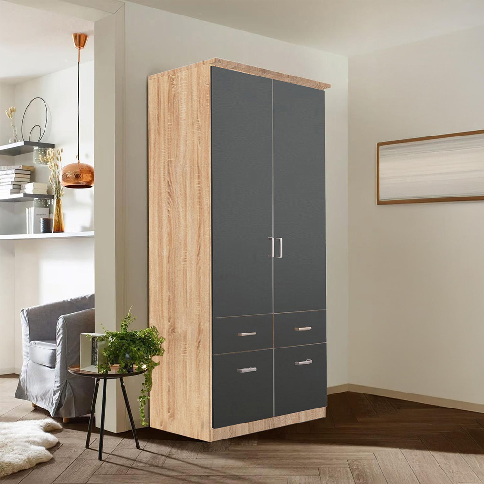 Rauch Celle Matt 91cm 2 Door Wardrobe with Drawer and Extras - Sonoma Oak and Metallic Dark Grey