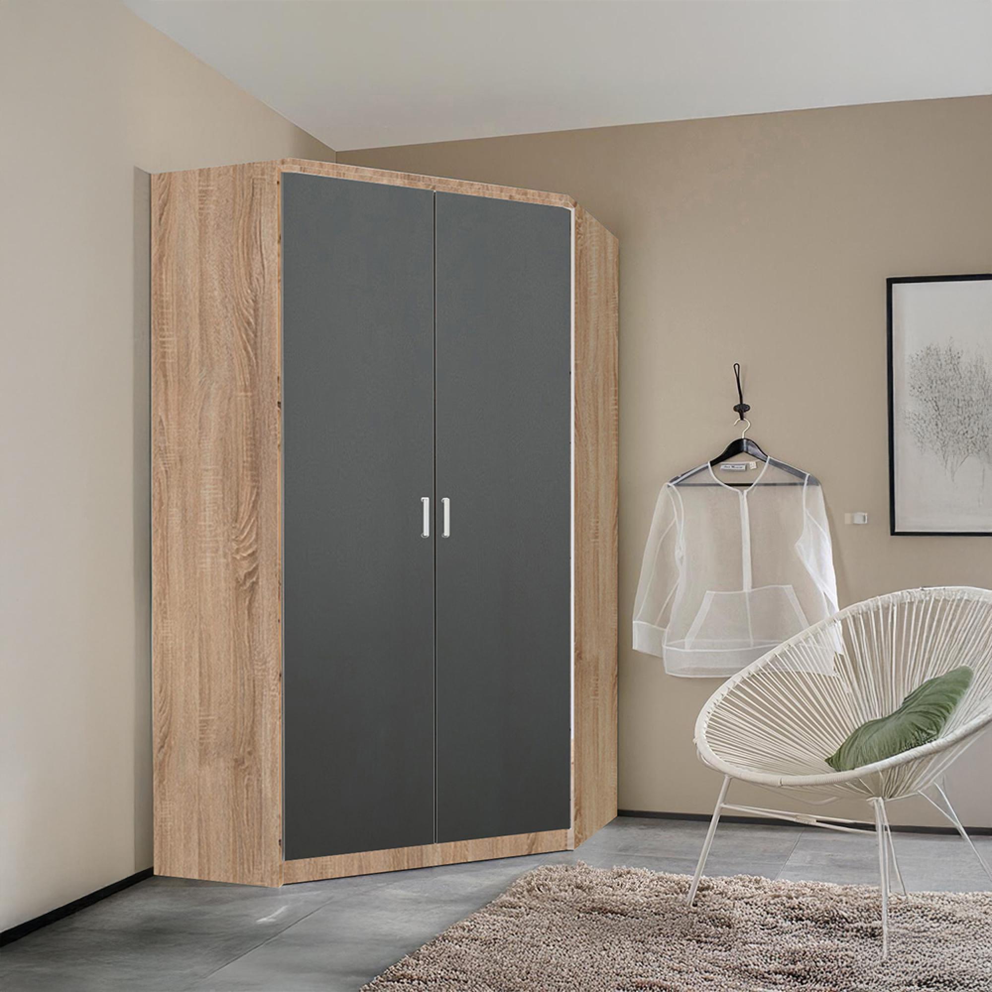 Rauch Celle Super 117cm 2 Door Corner Wardrobe - Sonoma Oak and Metallic Dark Grey