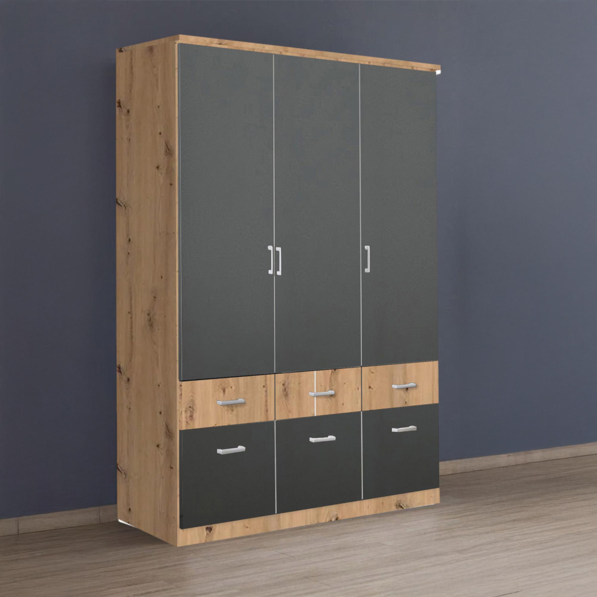 Rauch Celle Super 136cm 3 Door Wardrobe with Drawer - Artisan Oak and Metallic Dark Grey