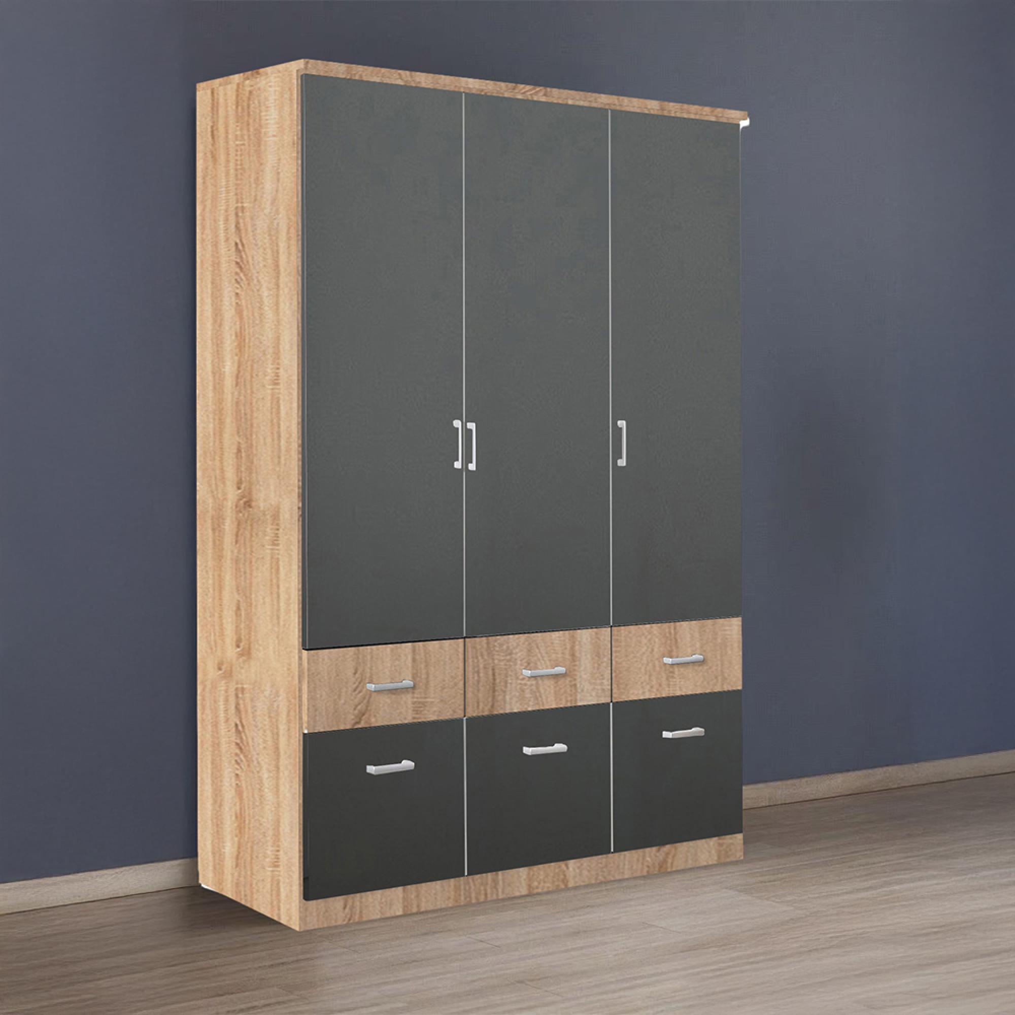 Rauch Celle Super 136cm 3 Door Wardrobe with Drawer - Sonoma Oak and Metallic Dark Grey