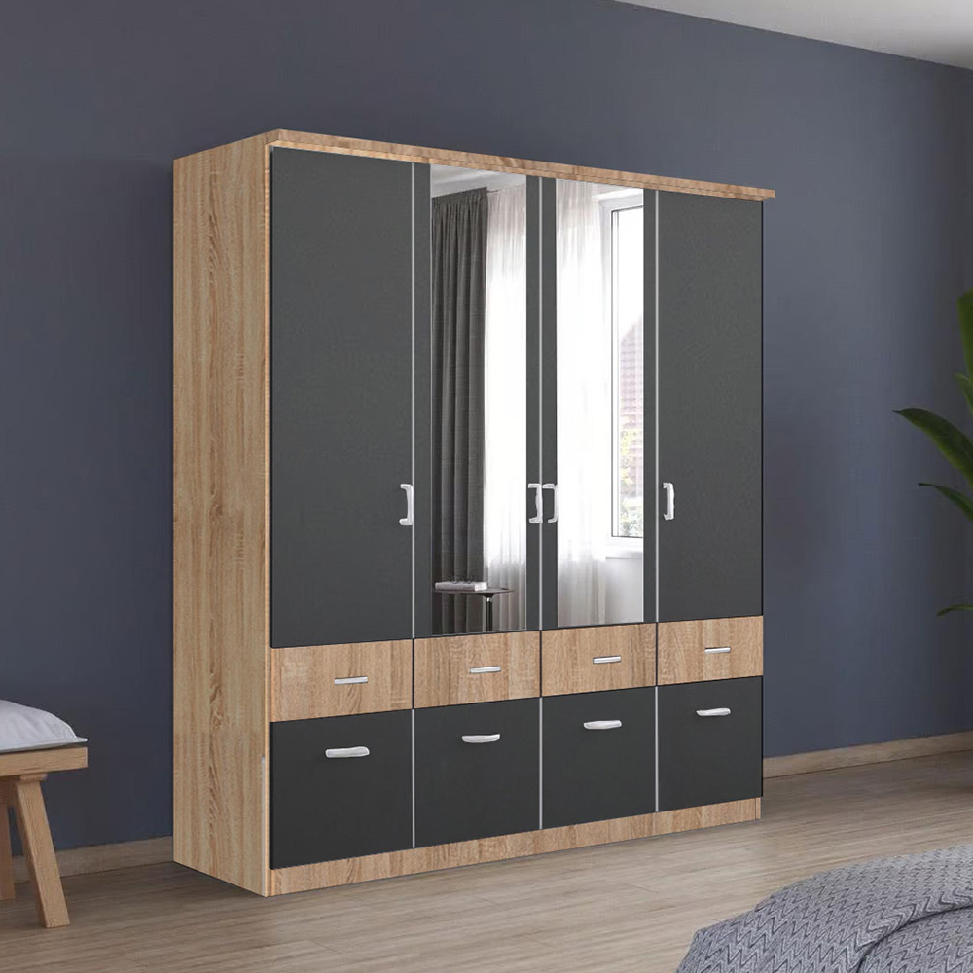 Rauch Celle Super 181cm 4 Door Combi Wardrobe - Sonoma Oak and Metallic Dark Grey