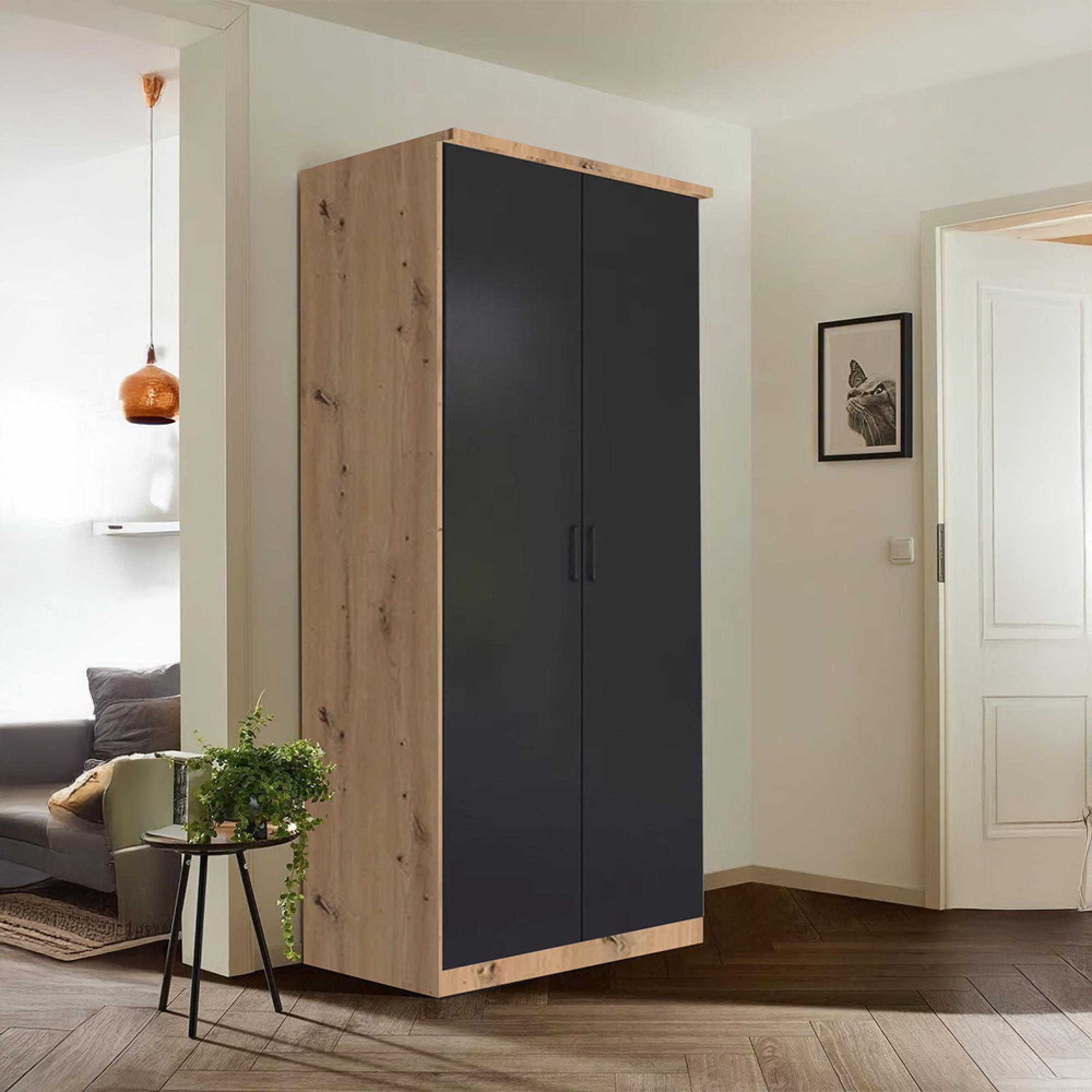 Rauch Celle Super 91cm 2 Door Wardrobe - Artisan Oak and Metallic Dark Grey