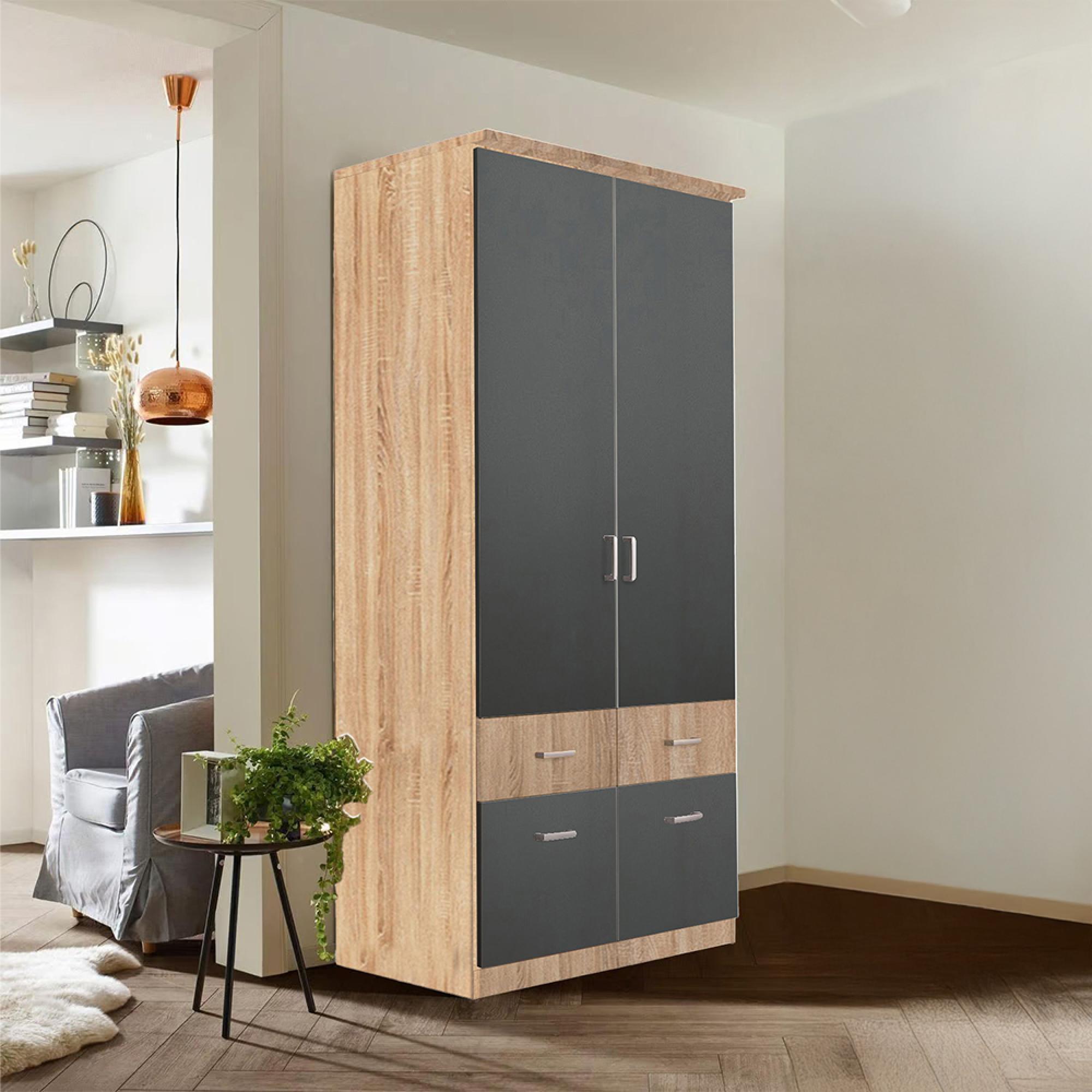 Rauch Celle Super 91cm 2 Door Wardrobe with Drawer and Extras - Sonoma Oak and Metallic Dark Grey
