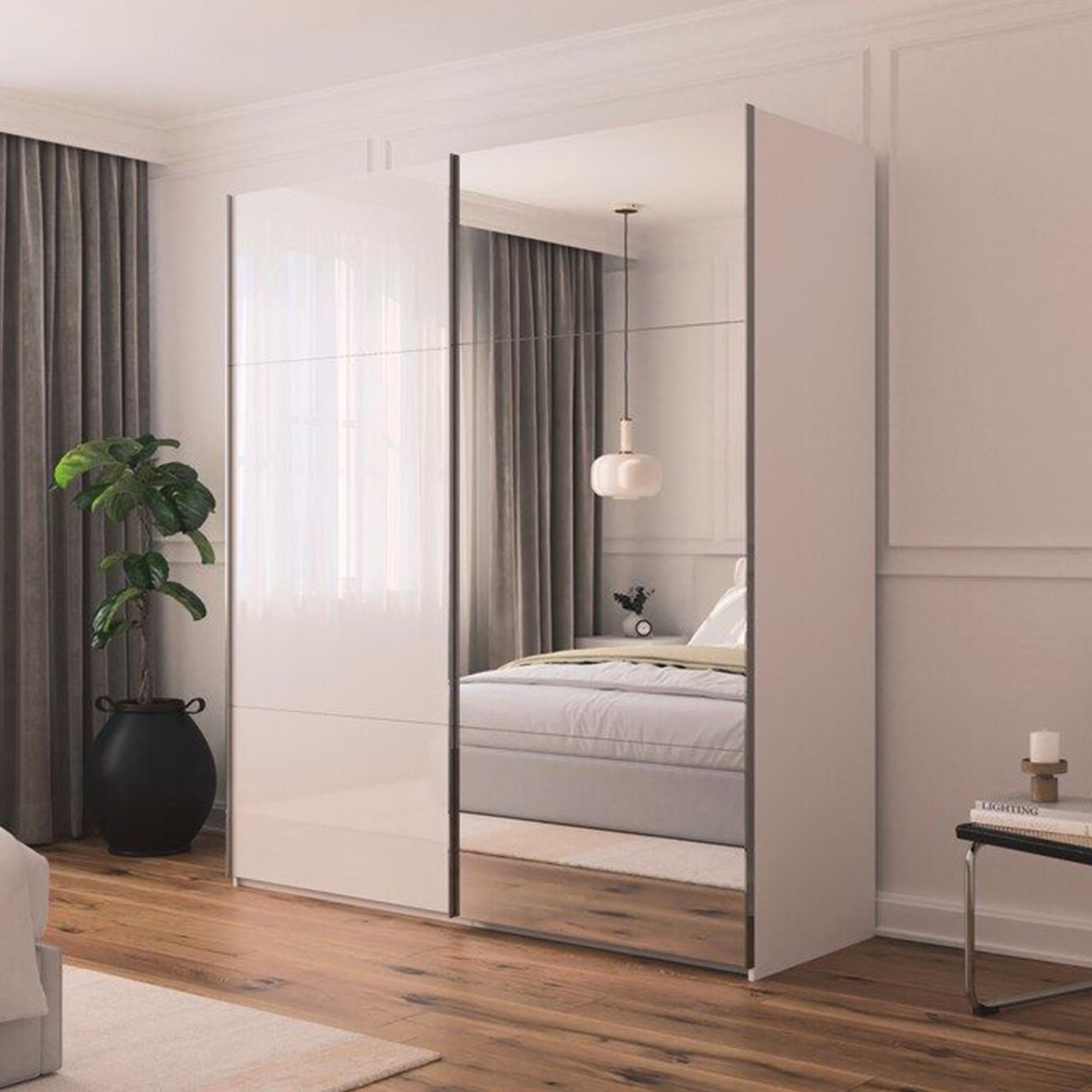 Rauch Contido 201cm 2 Door Sliding Mirror Wardrobe with Extras - Crystal White Glass