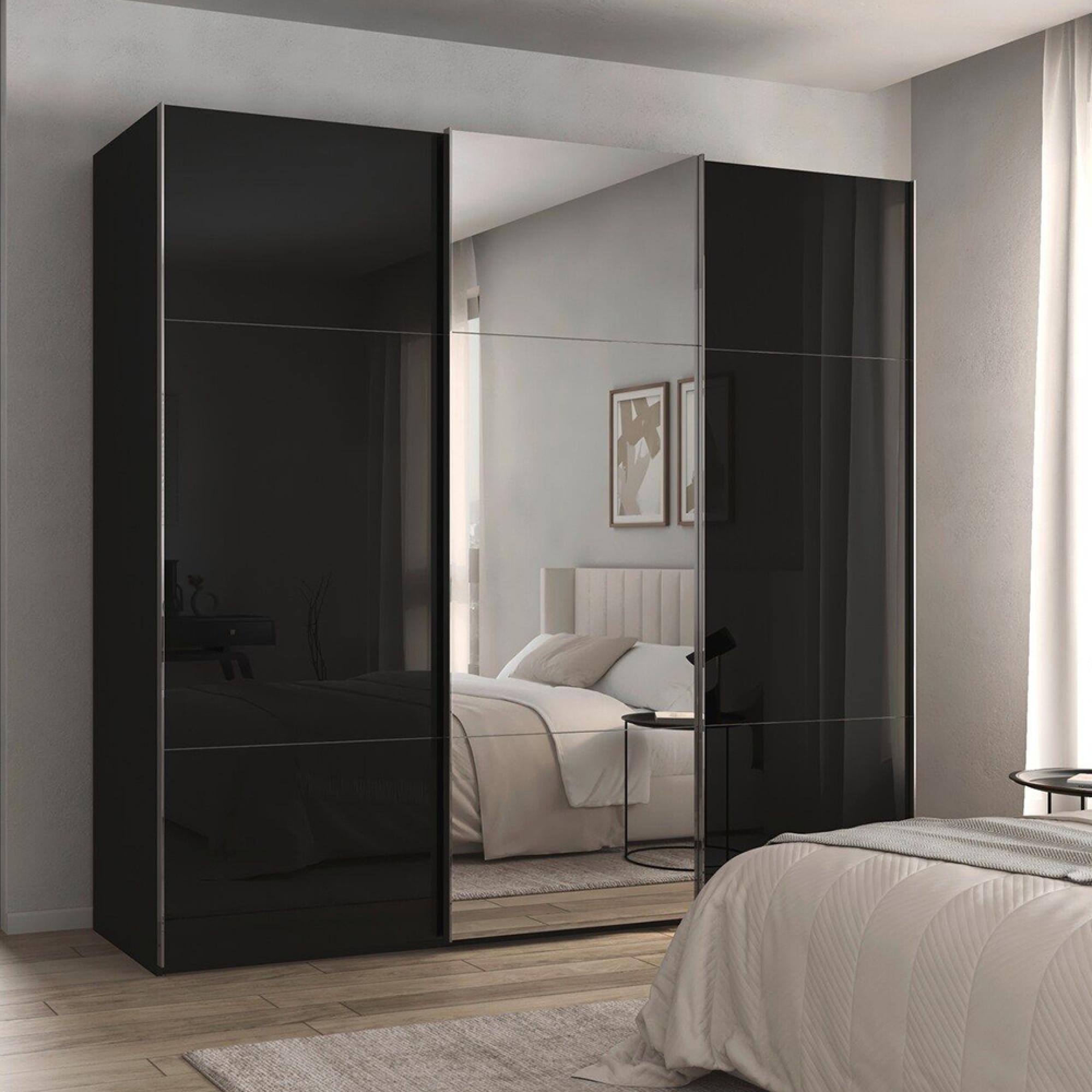 Rauch Contido 242cm 3 Door Sliding Mirror Wardrobe with Extras - Black Glass
