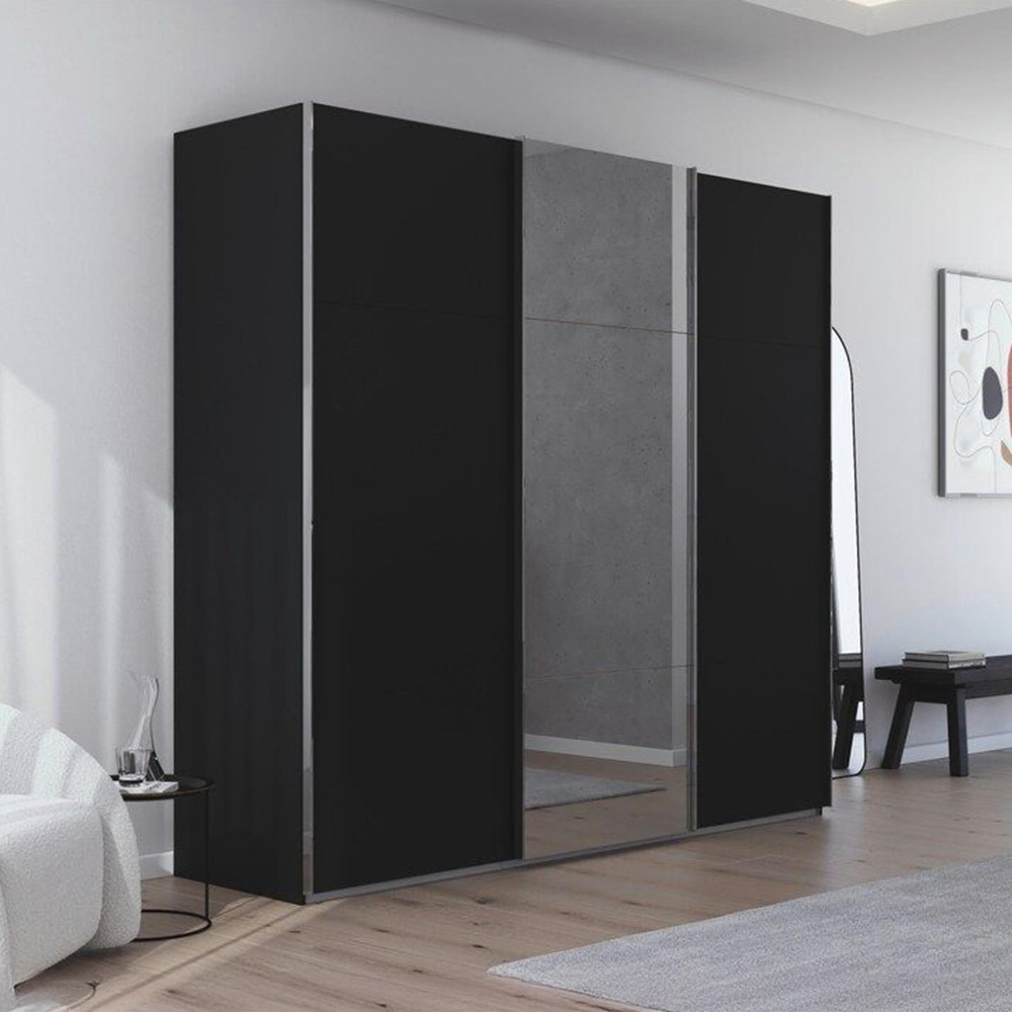 Rauch Contido 242cm 3 Door Sliding Mirror Wardrobe with Extras - Black