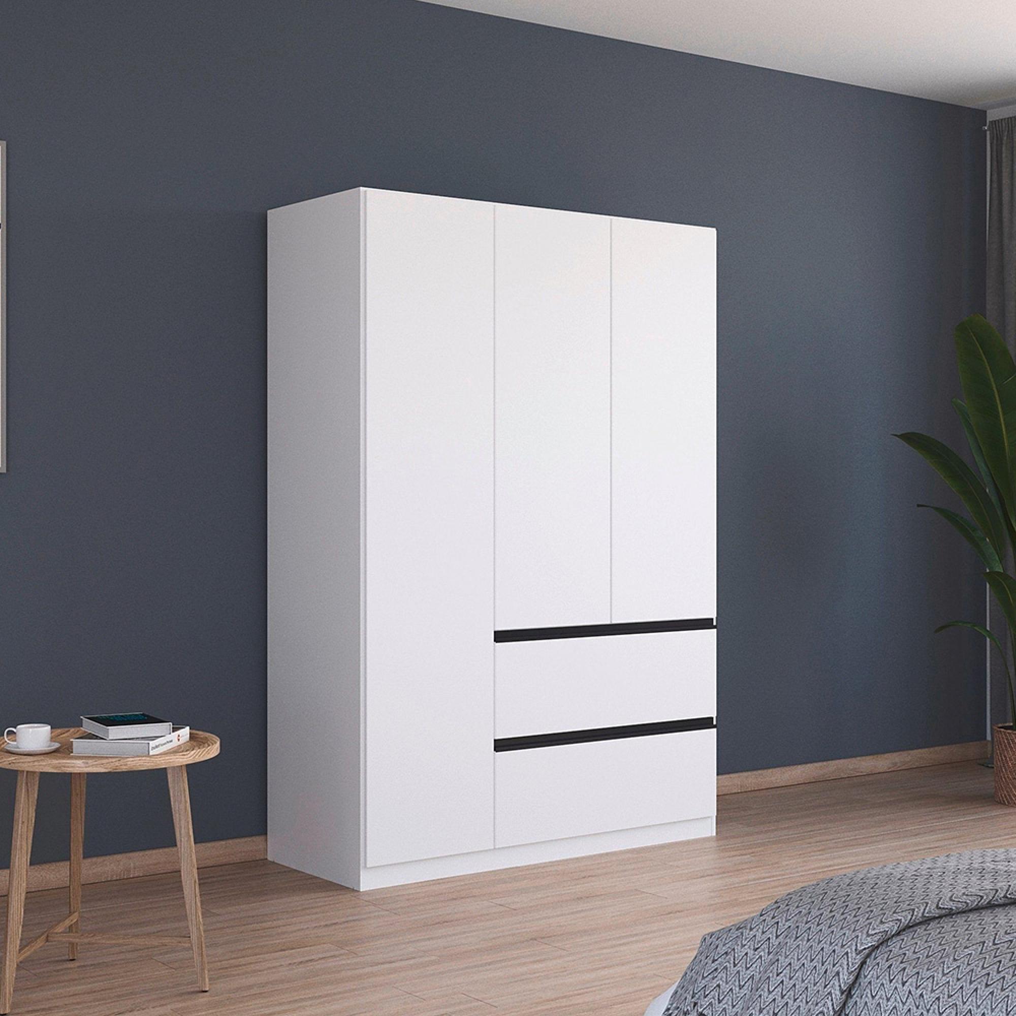 Rauch Costa 136cm 3 Door Wardrobe with Drawers and Metallic Dark Grey Handle - Alpine White