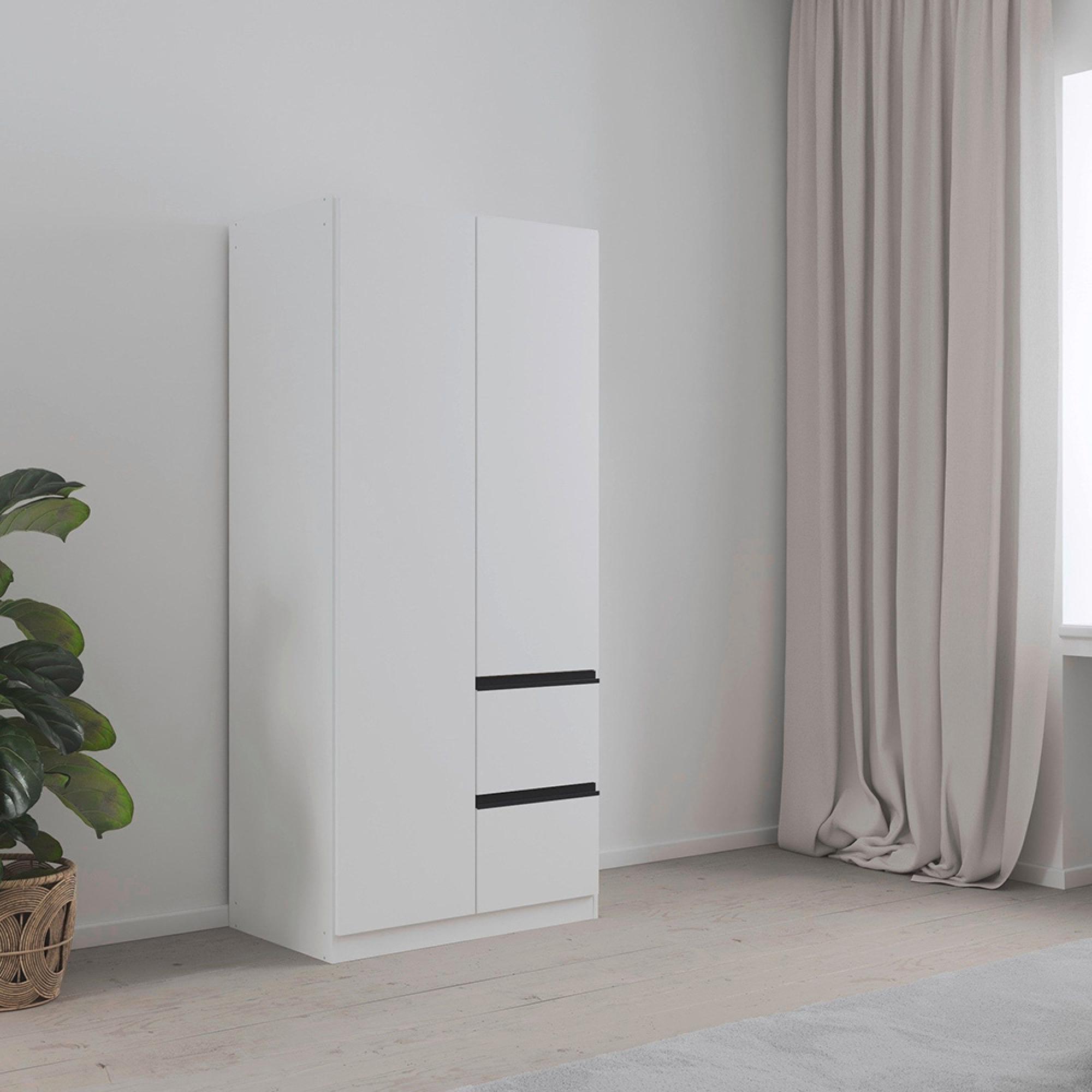 Rauch Costa 91cm 2 Door Wardrobe with LHF Drawers and Metallic Dark Grey Handle - Alpine White