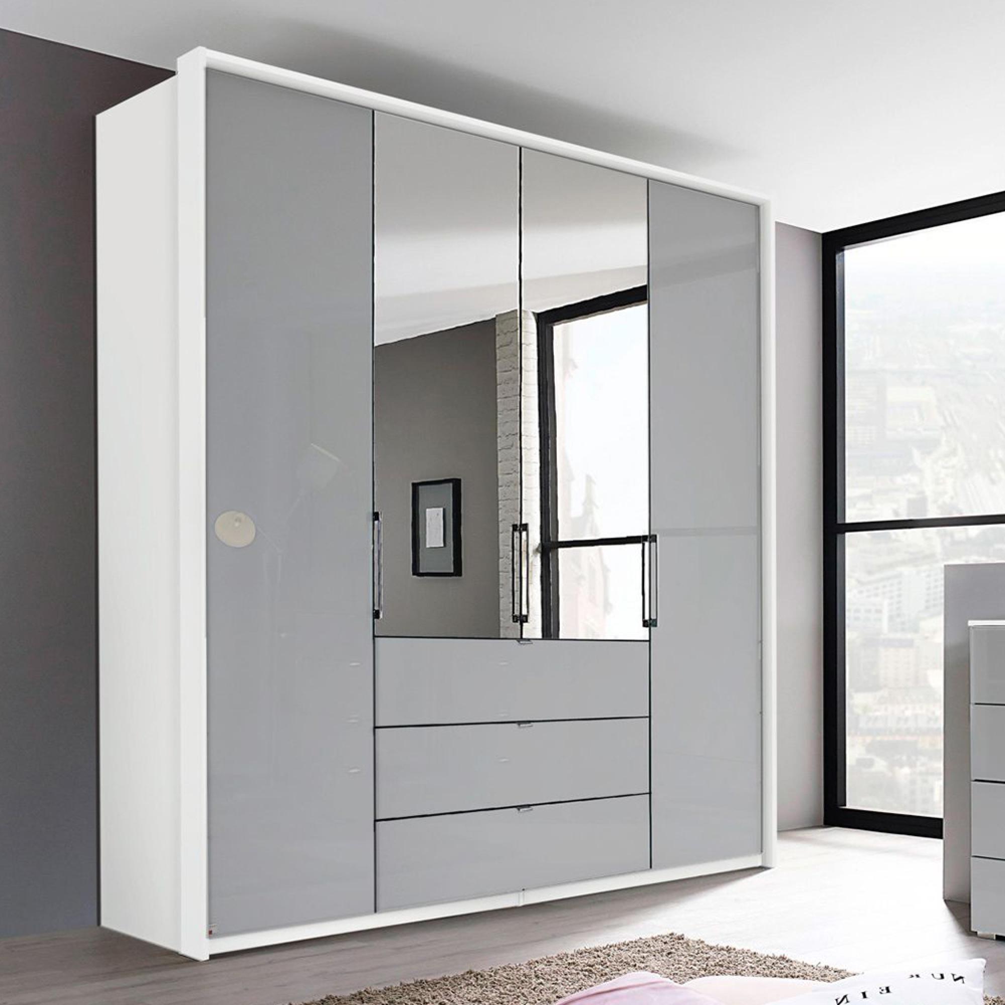 Rauch Erimo 204cm 4 Door Combi Wardrobe with 3 Drawer - Alpine White and Silk Grey Glass