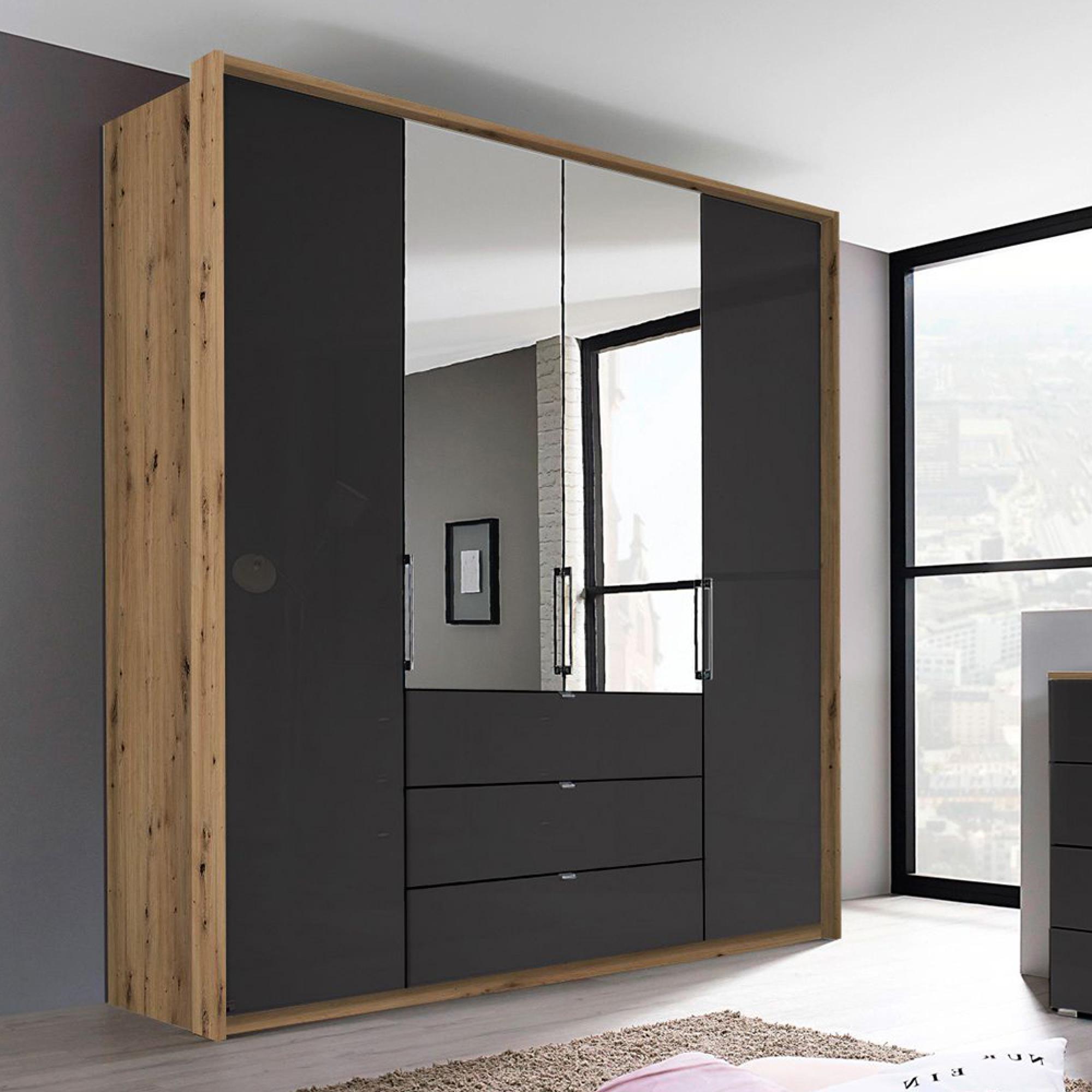 Rauch Erimo 204cm 4 Door Combi Wardrobe with 3 Drawer - Artisan Oak and Basalt Glass