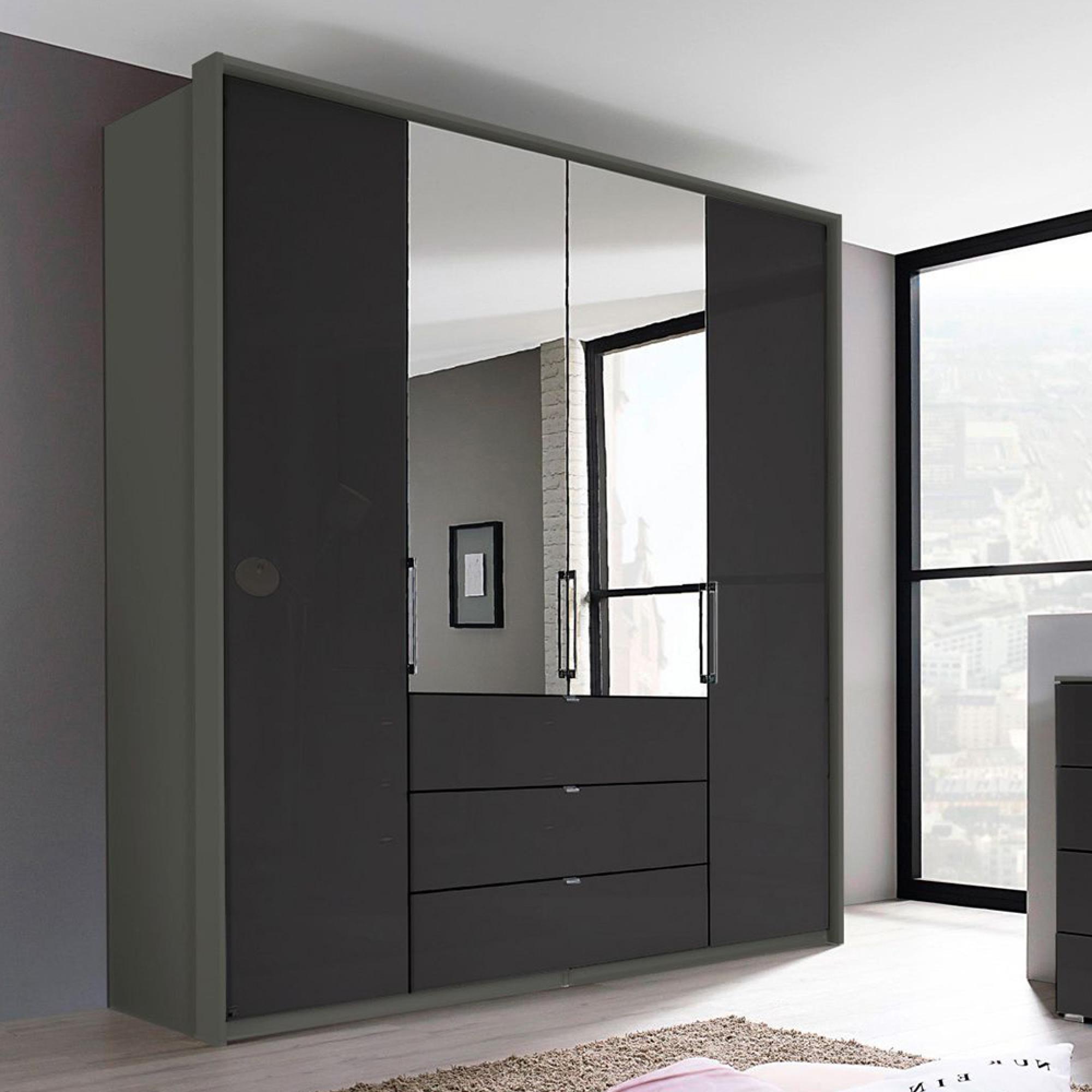 Rauch Erimo 204cm 4 Door Combi Wardrobe with 3 Drawer - Graphite and Basalt Glass