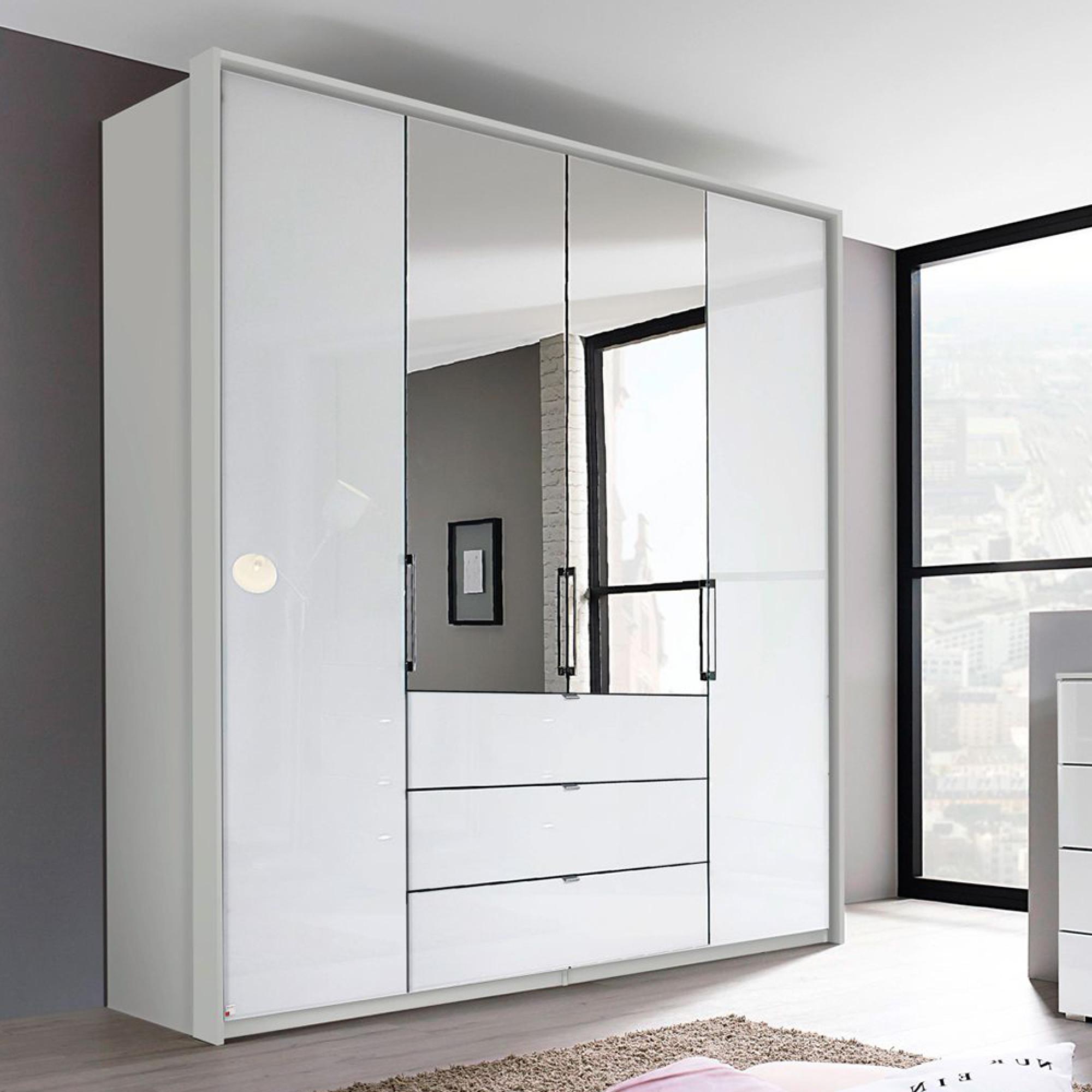 Rauch Erimo 204cm 4 Door Combi Wardrobe with 3 Drawer - Silk Grey and Crystal White Glass