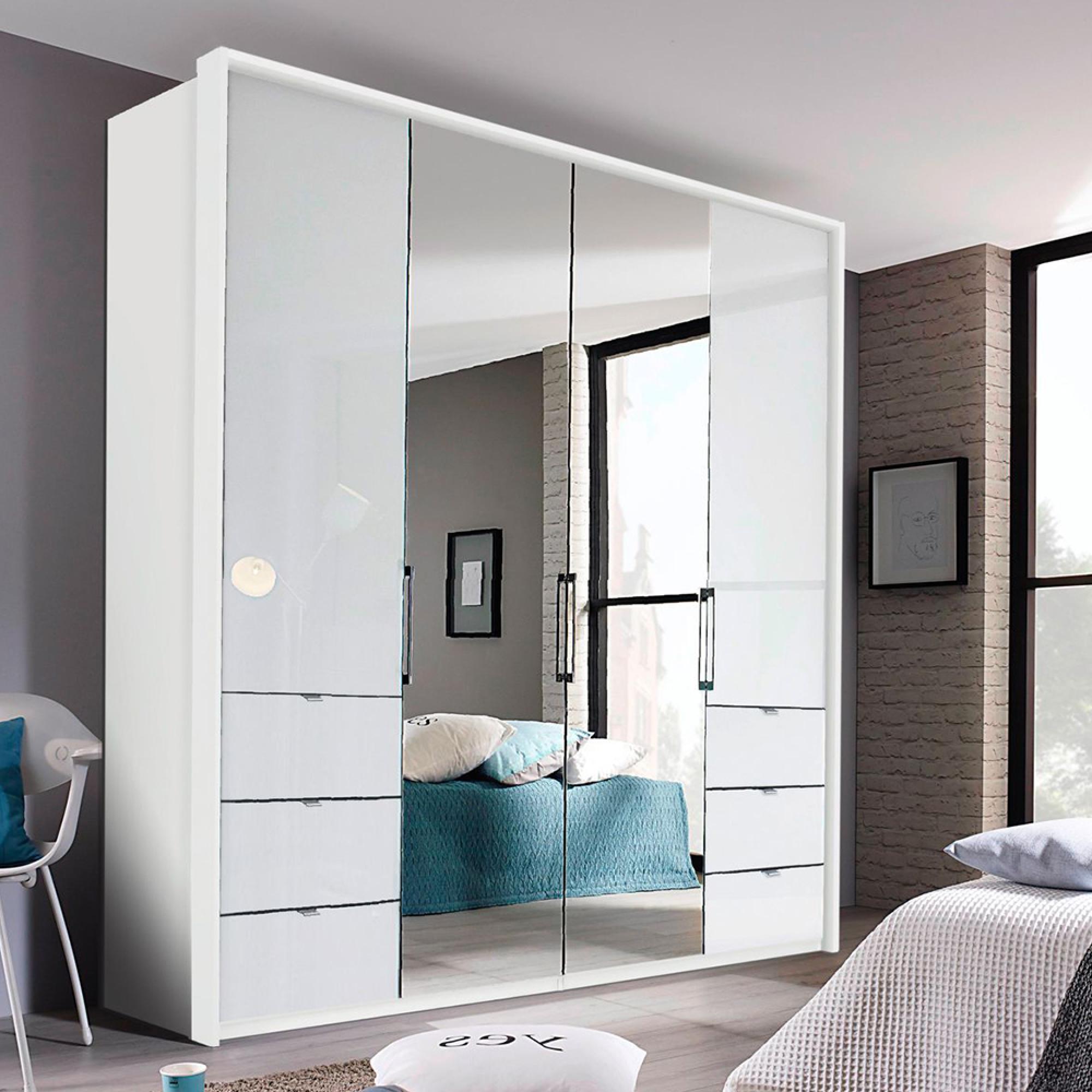 Rauch Erimo 204cm 4 Door Combi Wardrobe with 6 Drawer - Alpine White and Crystal White Glass