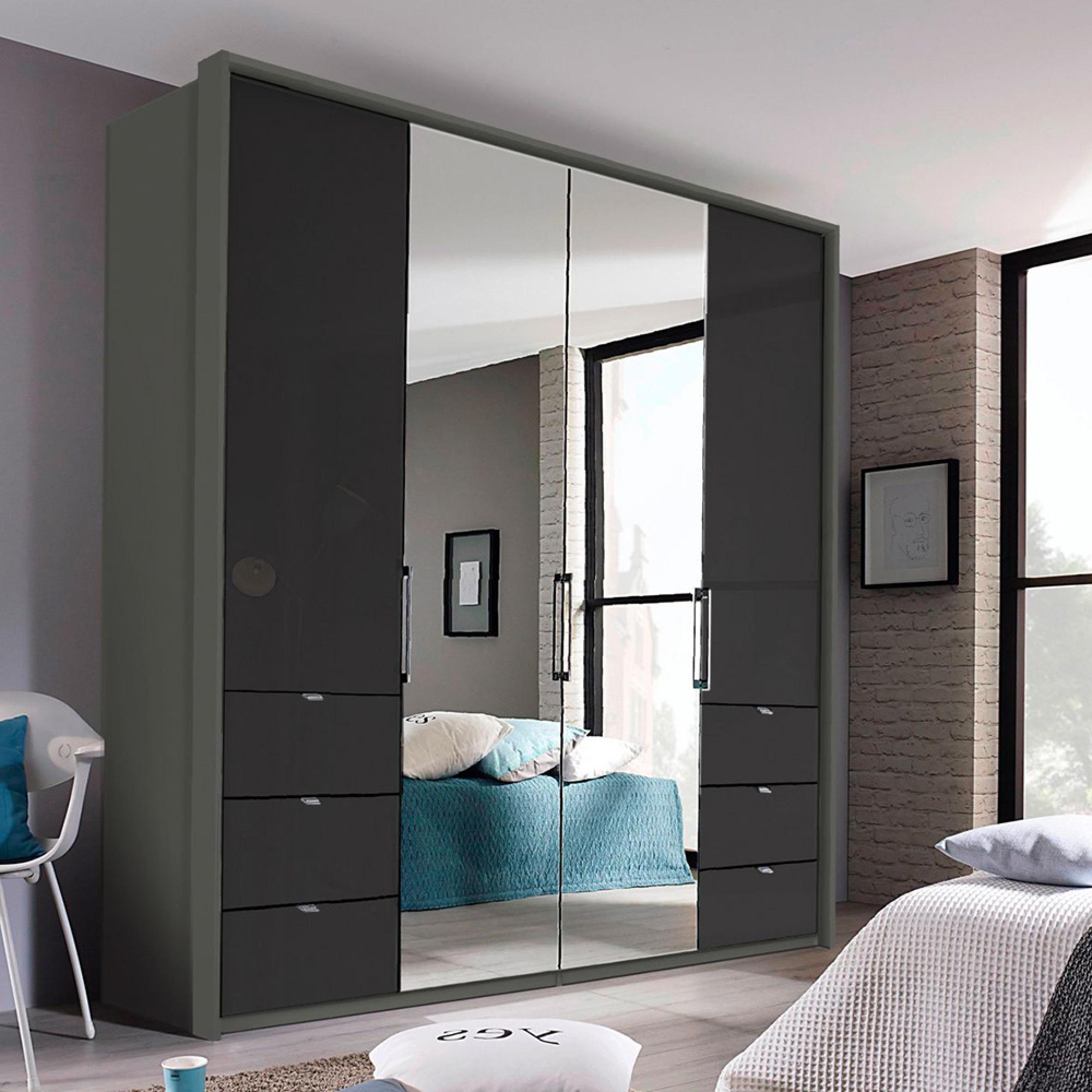Rauch Erimo 204cm 4 Door Combi Wardrobe with 6 Drawer - Graphite and Basalt Glass