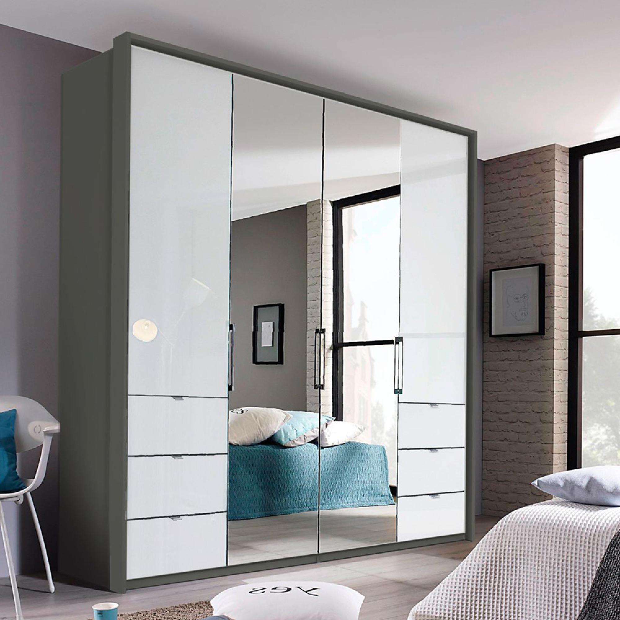 Rauch Erimo 204cm 4 Door Combi Wardrobe with 6 Drawer - Graphite and Crystal White Glass