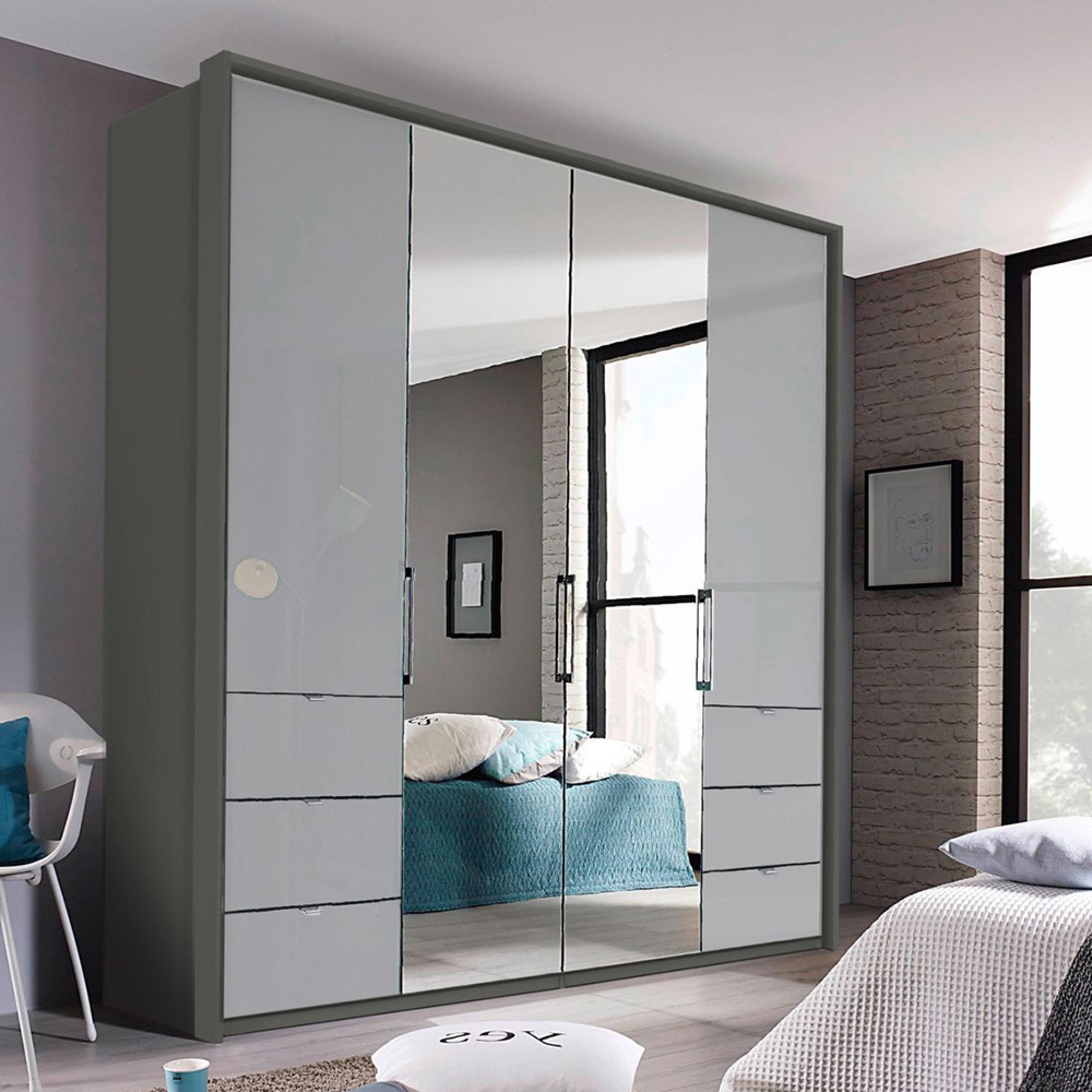 Rauch Erimo 204cm 4 Door Combi Wardrobe with 6 Drawer - Graphite and Silk Grey Glass