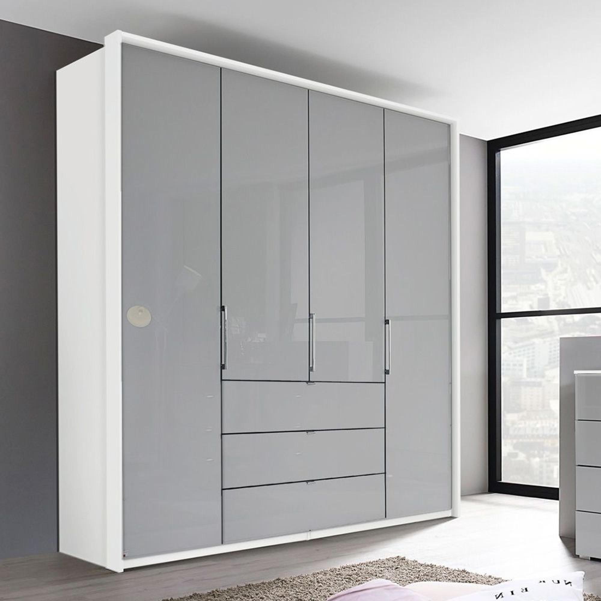 Rauch Erimo 204cm 4 Door Wardrobe with 3 Drawer - Alpine White and Silk Grey Glass