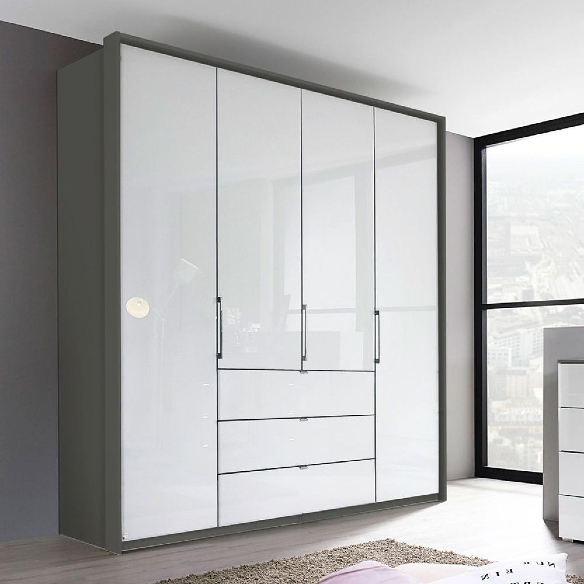 Rauch Erimo 204cm 4 Door Wardrobe with 3 Drawer - Graphite and Crystal White Glass
