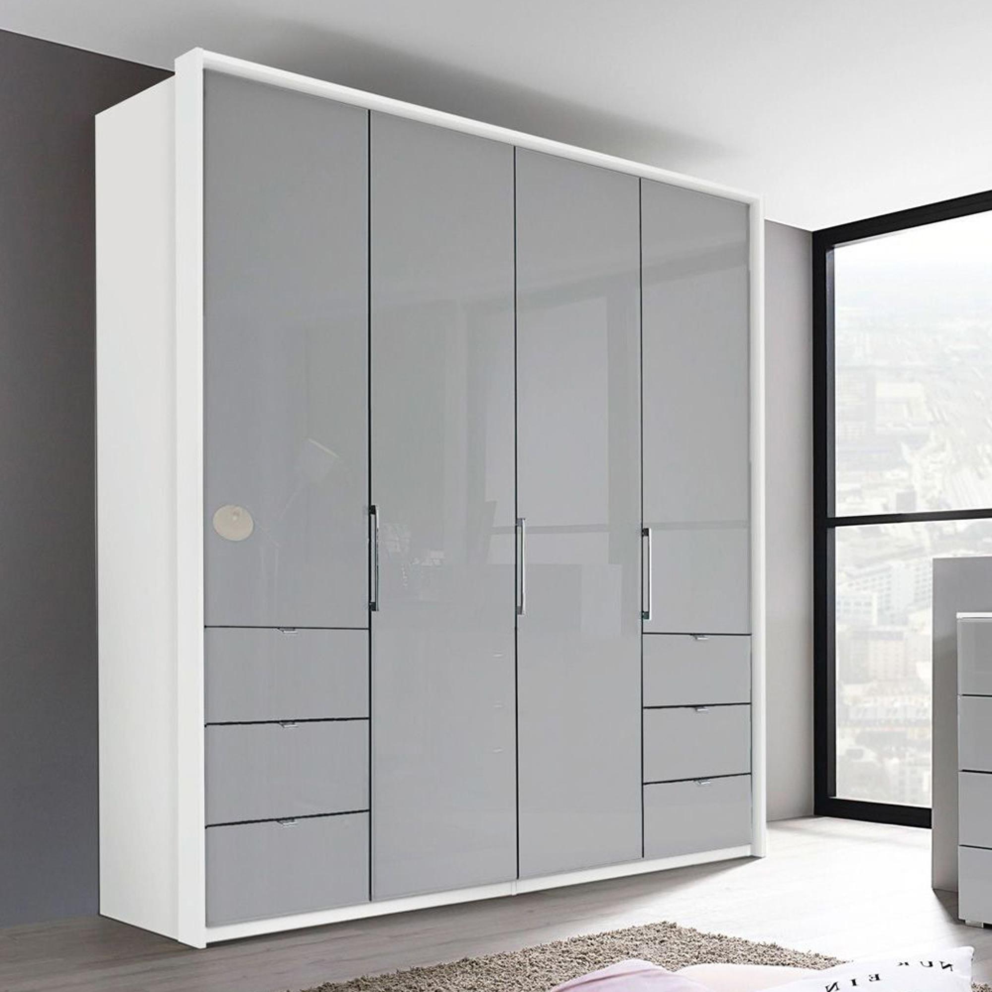 Rauch Erimo 204cm 4 Door Wardrobe with 6 Drawer - Alpine White and Silk Grey Glass