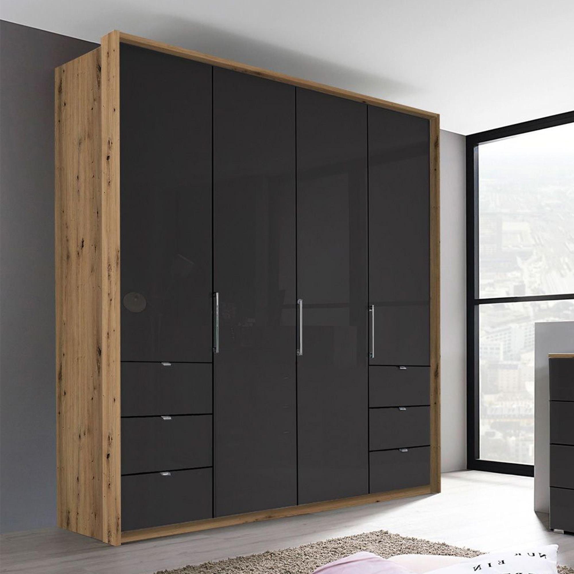 Rauch Erimo 204cm 4 Door Wardrobe with 6 Drawer - Artisan Oak and Basalt Glass