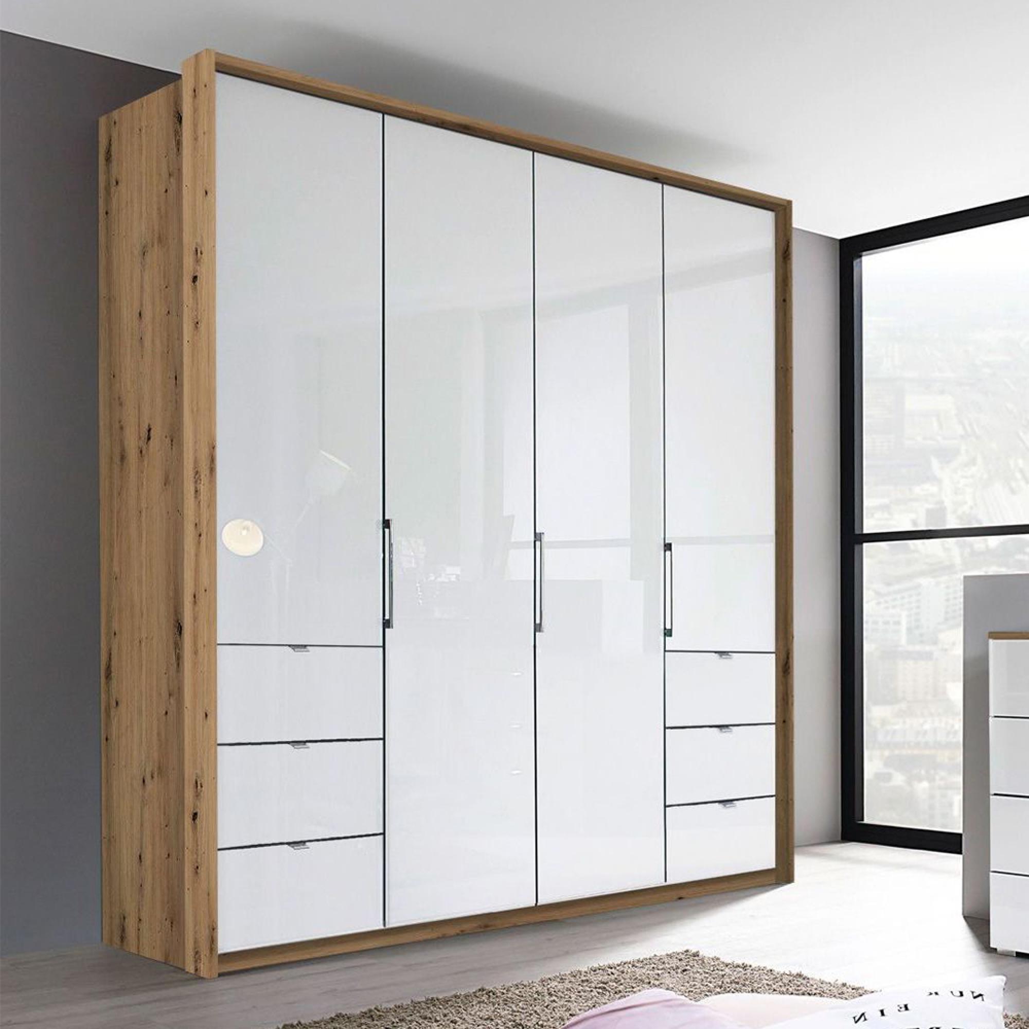 Rauch Erimo 204cm 4 Door Wardrobe with 6 Drawer - Artisan Oak and Crystal White Glass