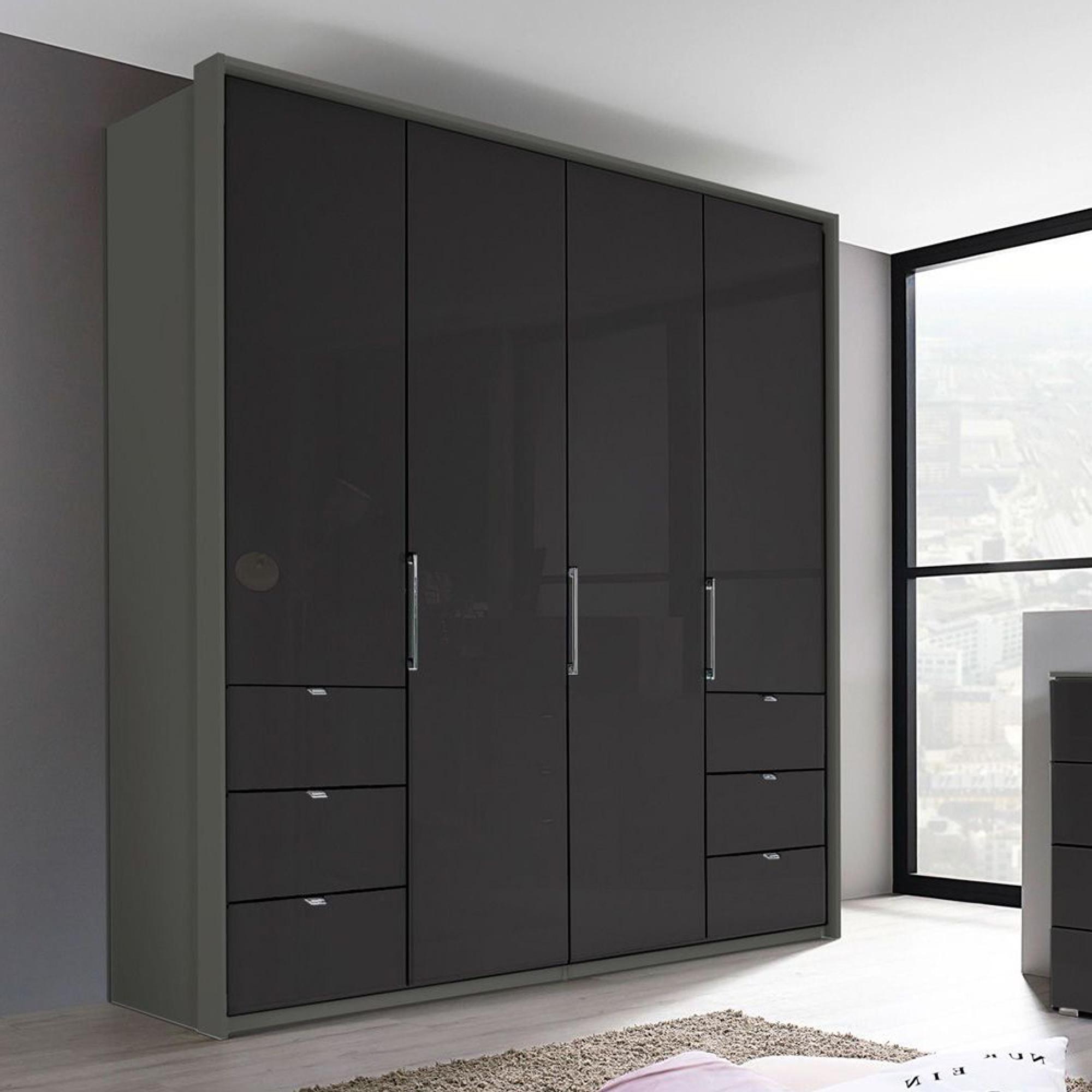 Rauch Erimo 204cm 4 Door Wardrobe with 6 Drawer - Graphite and Basalt Glass