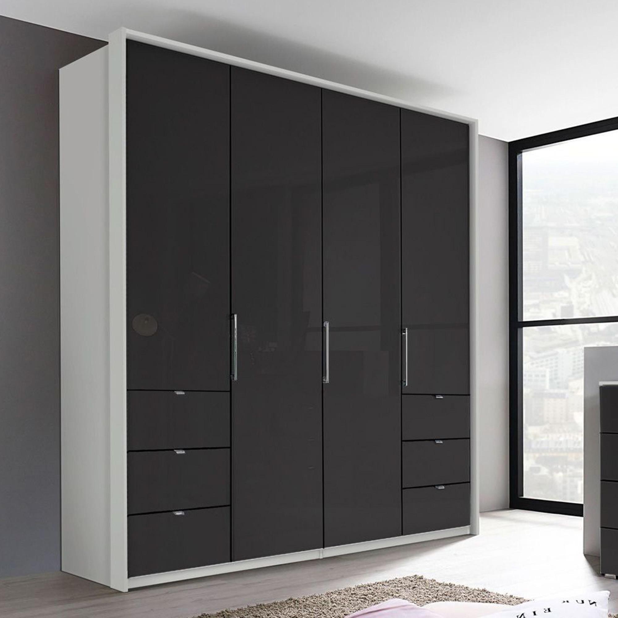 Rauch Erimo 204cm 4 Door Wardrobe with 6 Drawer - Silk Grey and Basalt Glass