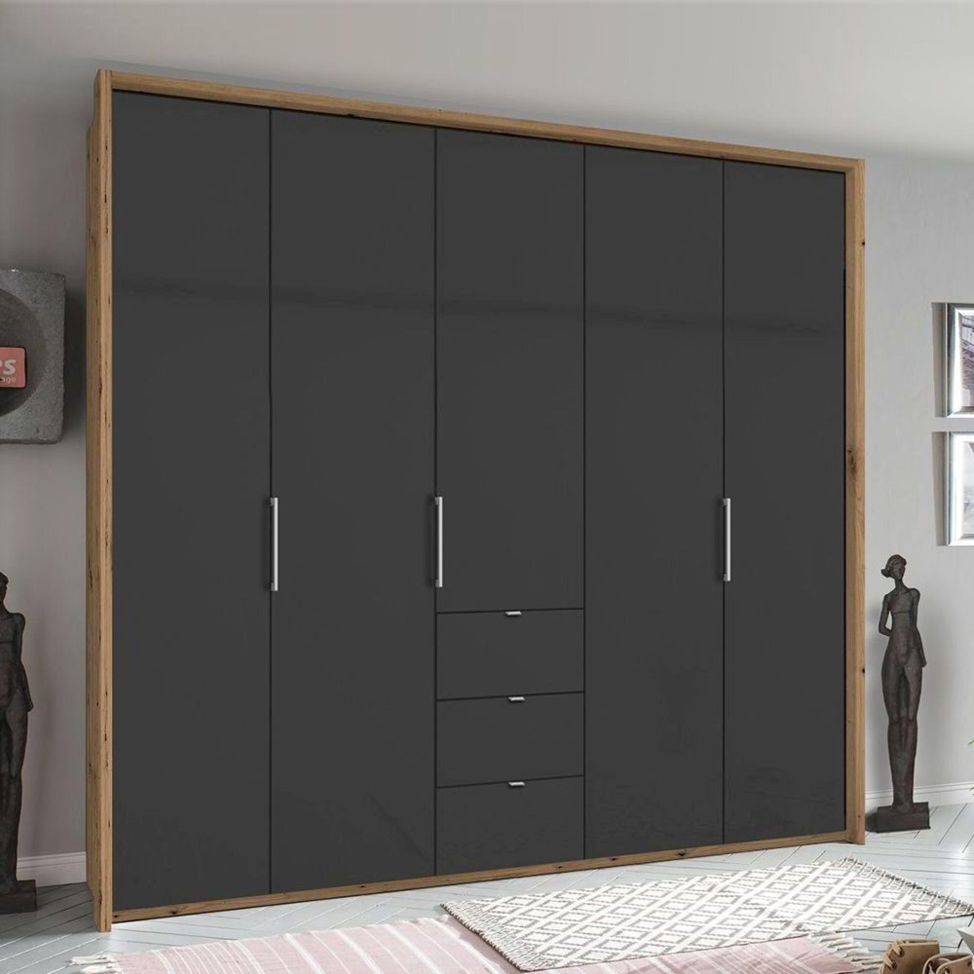 Rauch Erimo 254cm 5 Door Wardrobe with 3 Drawer - Artisan Oak and Basalt Glass