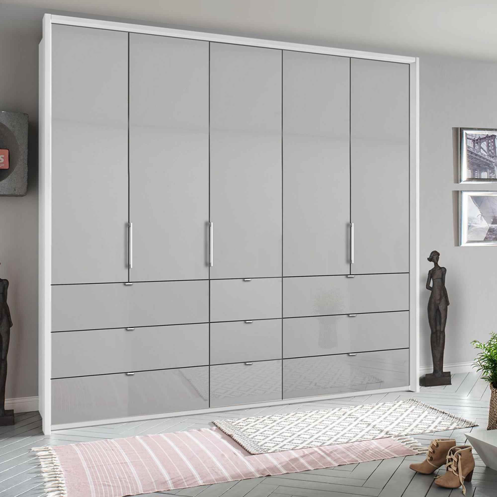Rauch Erimo 254cm 5 Door Wardrobe with 9 Drawer - Alpine White and Silk Grey Glass
