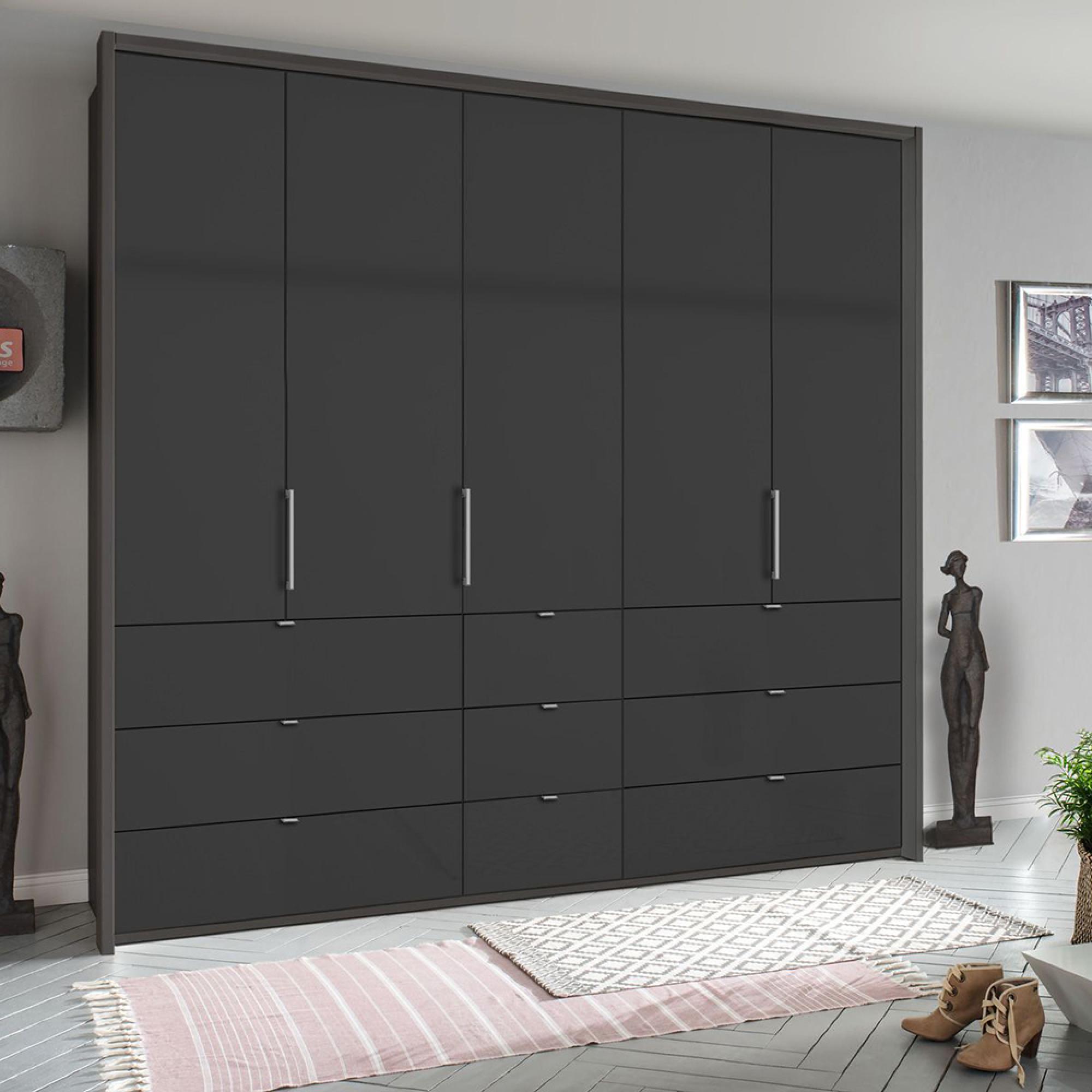 Rauch Erimo 254cm 5 Door Wardrobe with 9 Drawer - Graphite and Basalt Glass