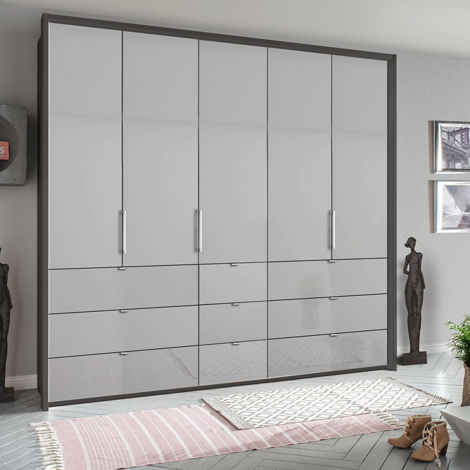 Rauch Erimo 254cm 5 Door Wardrobe with 9 Drawer - Graphite and Silk Grey Glass