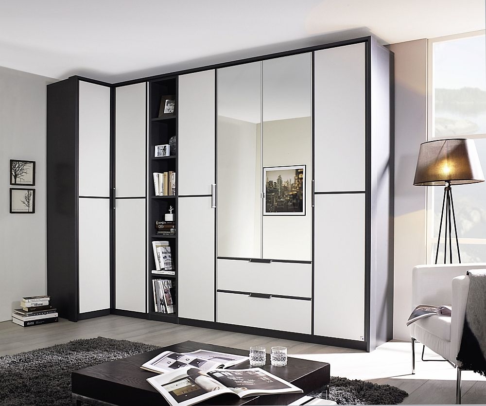 Rauch Essensa 314cm White 6 Door Combi L Shaped Wardrobe - Metallic Grey Carcase