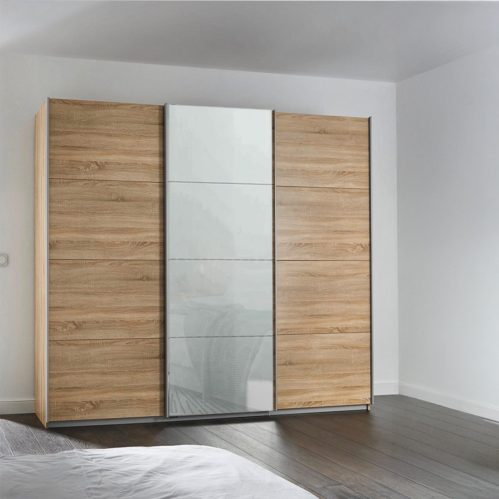 Rauch Kulmbach 203cm 3 Door Sliding Wardrobe - Sonoma Oak and Silk Grey Glass Front