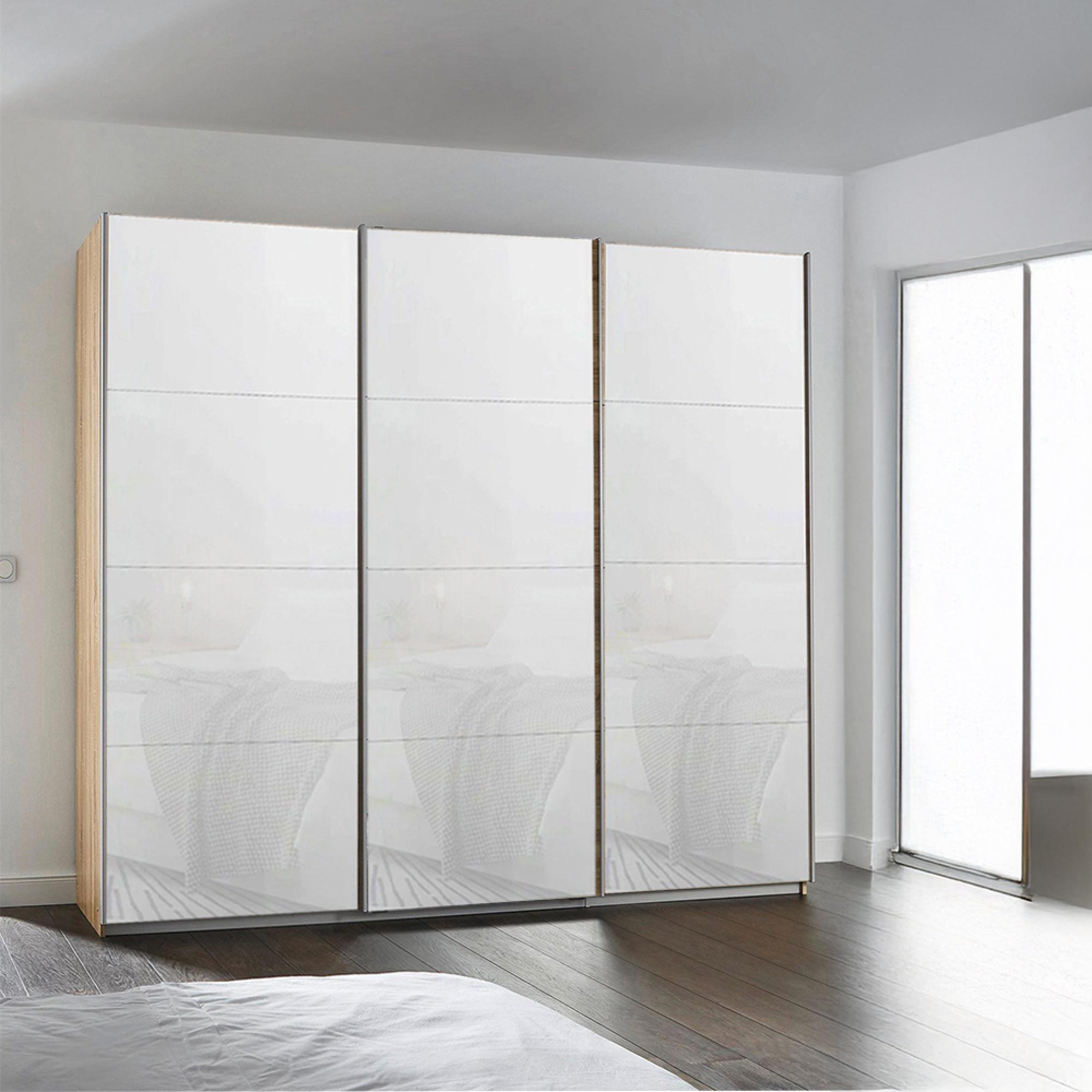 Rauch Kulmbach 203cm 3 Door Sliding Wardrobe - Sonoma Oak and White Glass