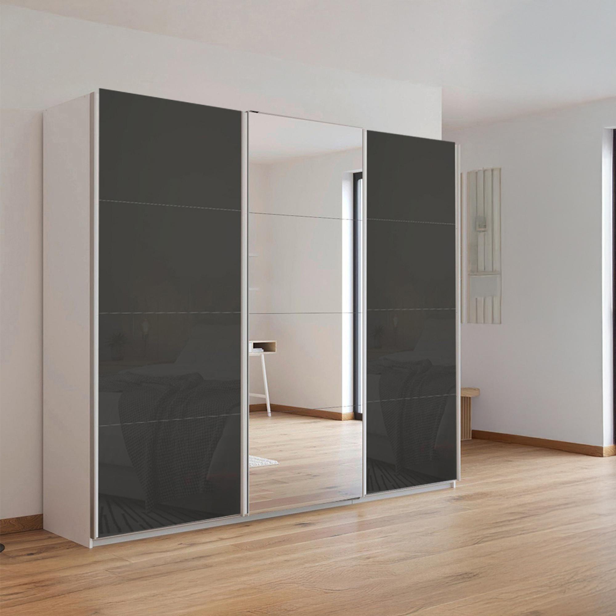 Rauch Kulmbach 203cm 3 Door Sliding Wardrobe with Mirror - Alpine White and Basalt Glass