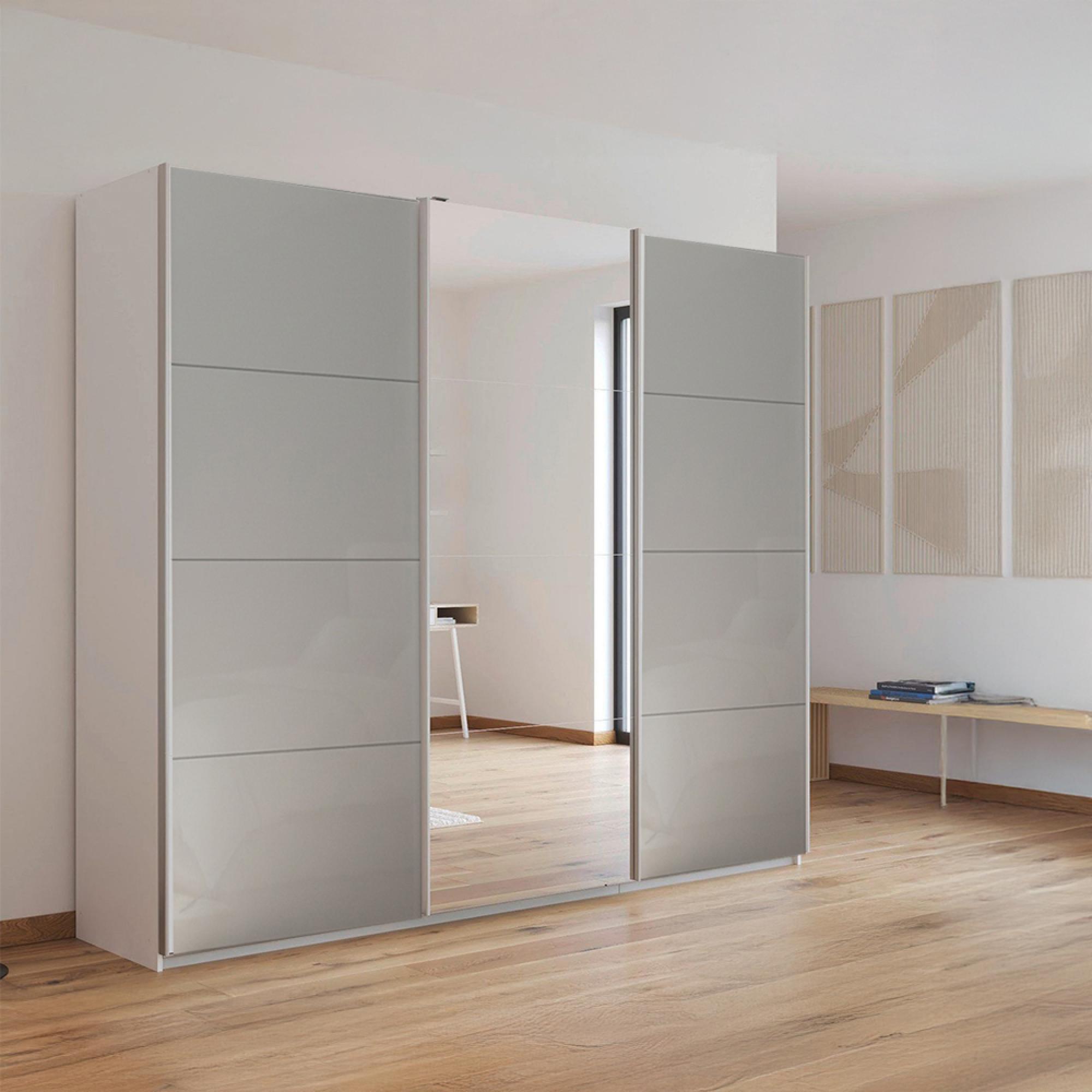 Rauch Kulmbach 203cm 3 Door Sliding Wardrobe with Mirror - Alpine White and Grey High Gloss