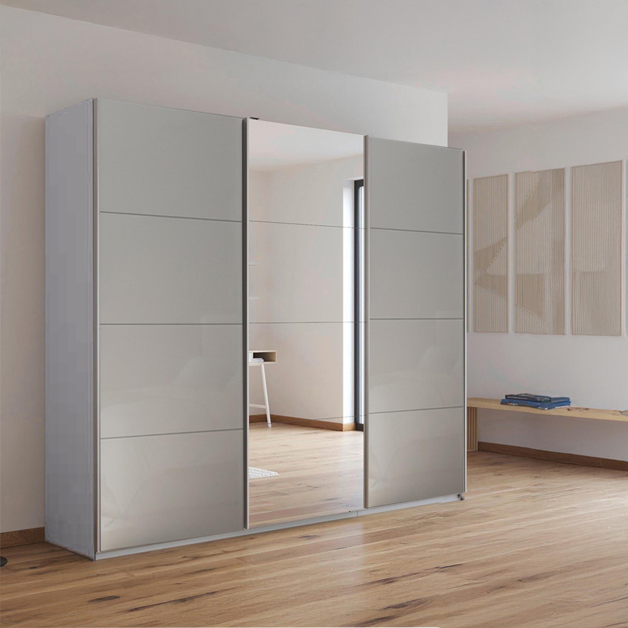 Rauch Kulmbach 203cm 3 Door Sliding Wardrobe with Mirror - Silk Grey and Grey High Gloss