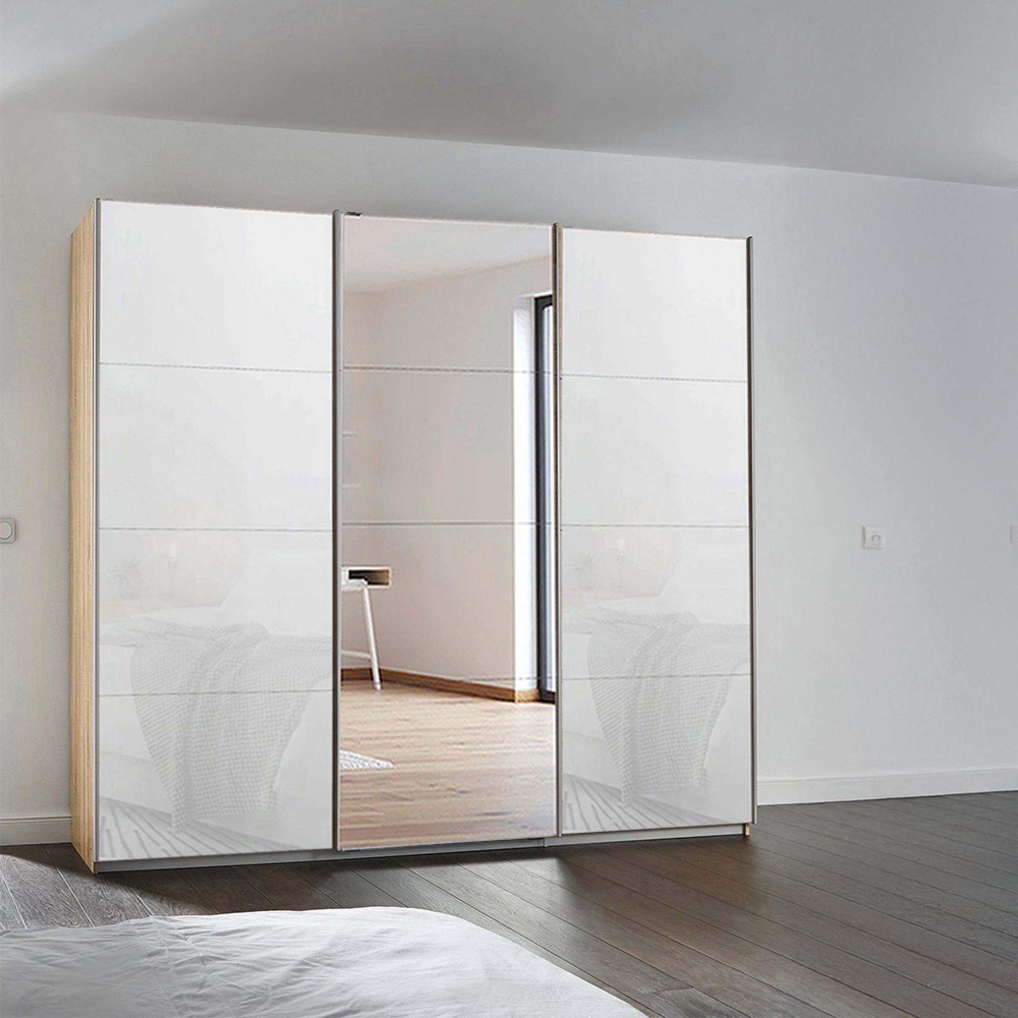 Rauch Kulmbach 203cm 3 Door Sliding Wardrobe with Mirror - Sonoma Oak and White Glass