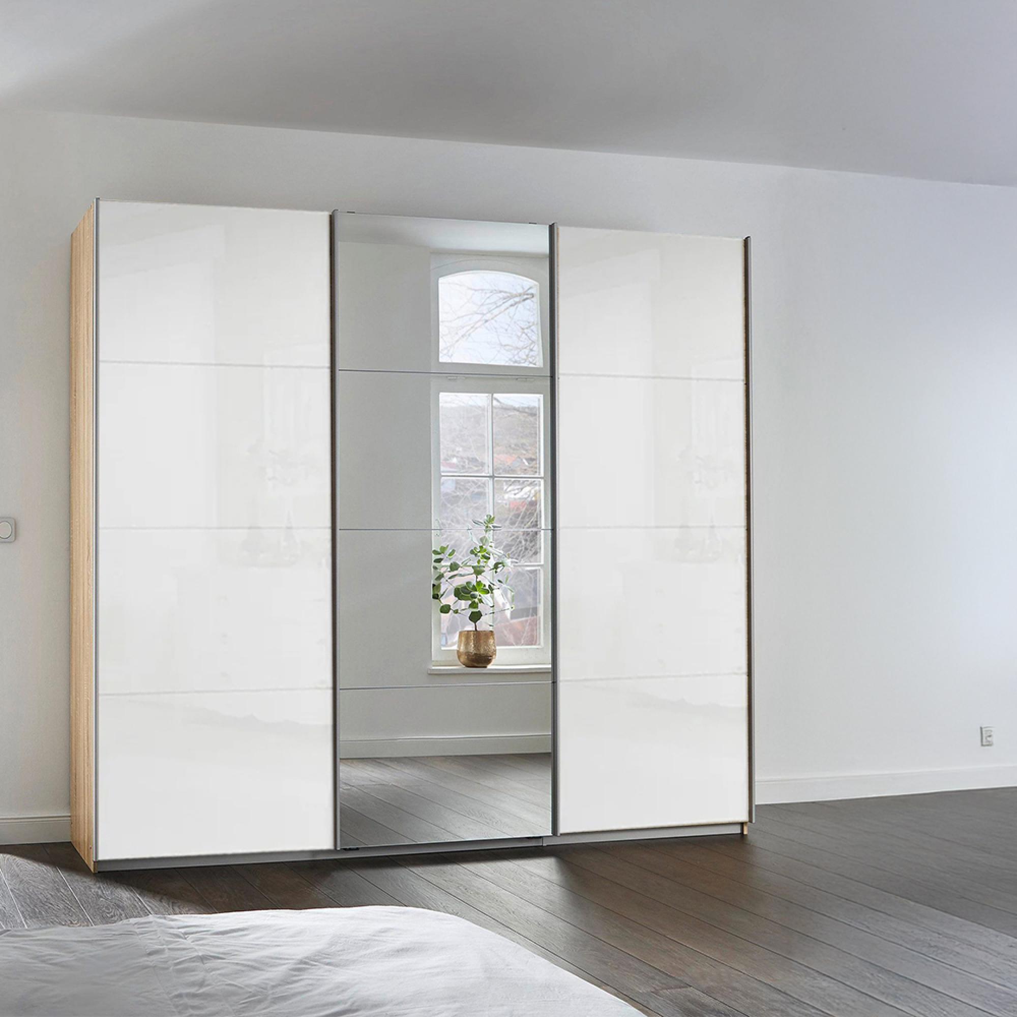 Rauch Kulmbach 203cm 3 Door Sliding Wardrobe with Mirror - Sonoma Oak and White High Gloss