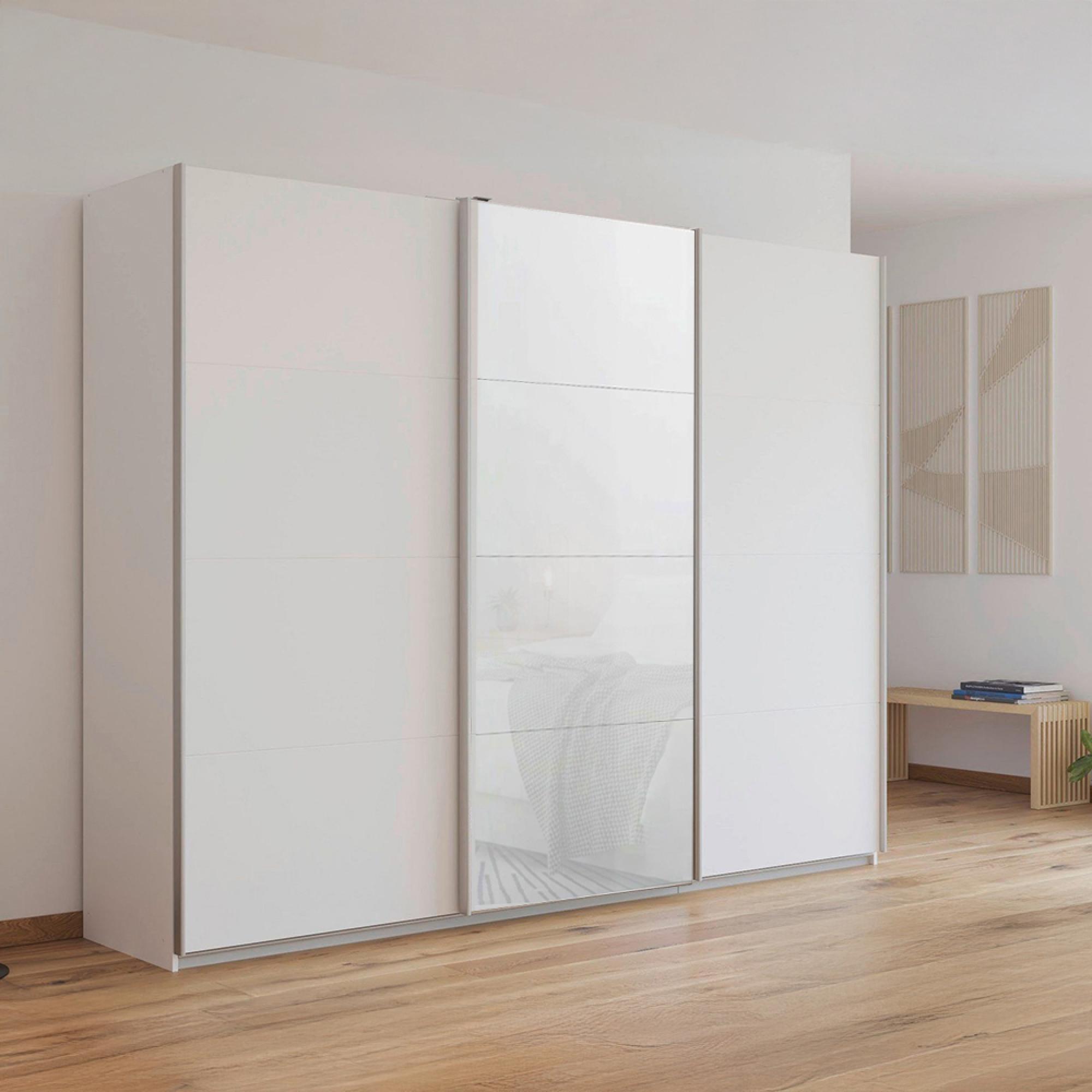 Rauch Kulmbach 271cm 3 Door Sliding Wardrobe - Alpine White and White Glass Front
