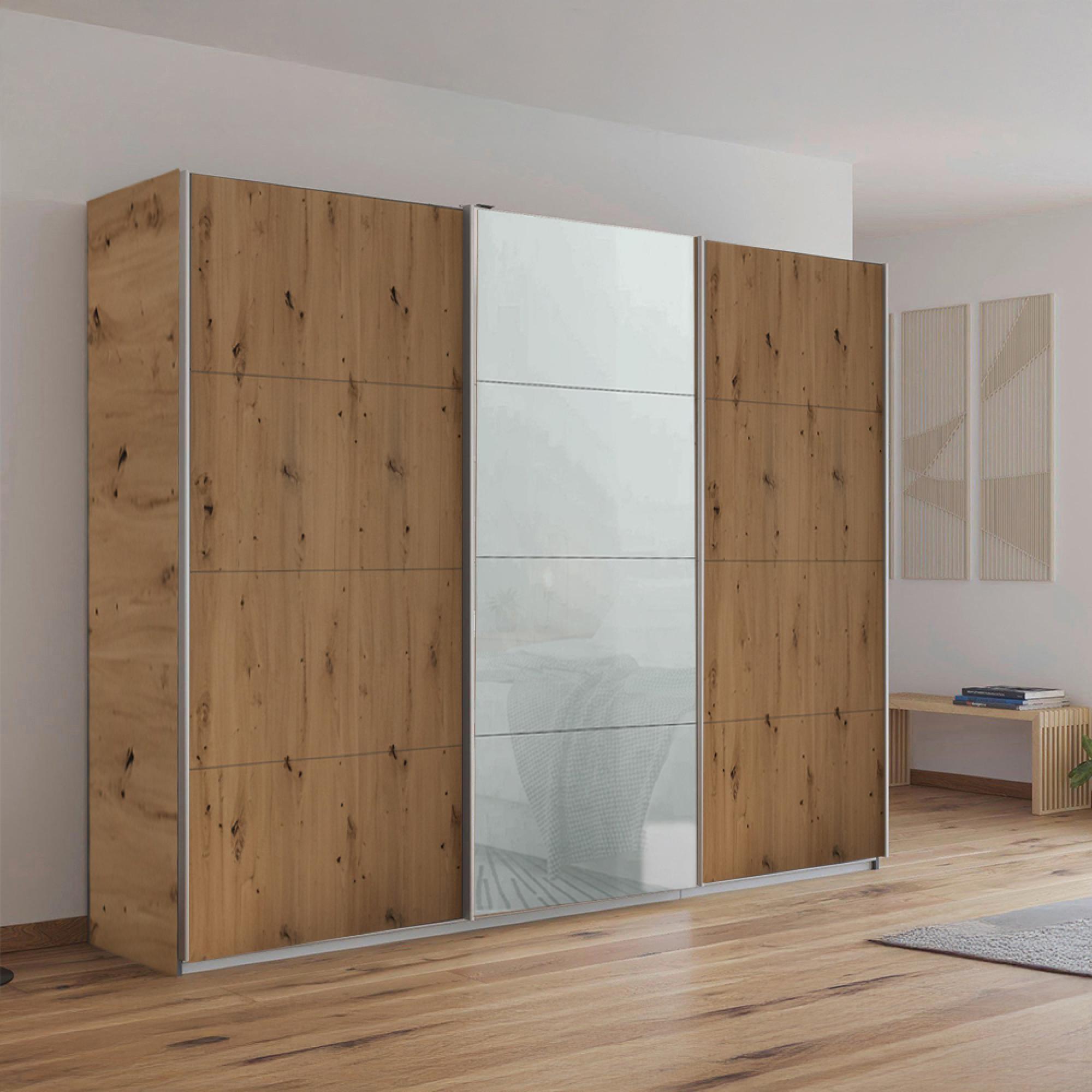 Rauch Kulmbach 271cm 3 Door Sliding Wardrobe - Artisan Oak and Silk Grey Glass Front