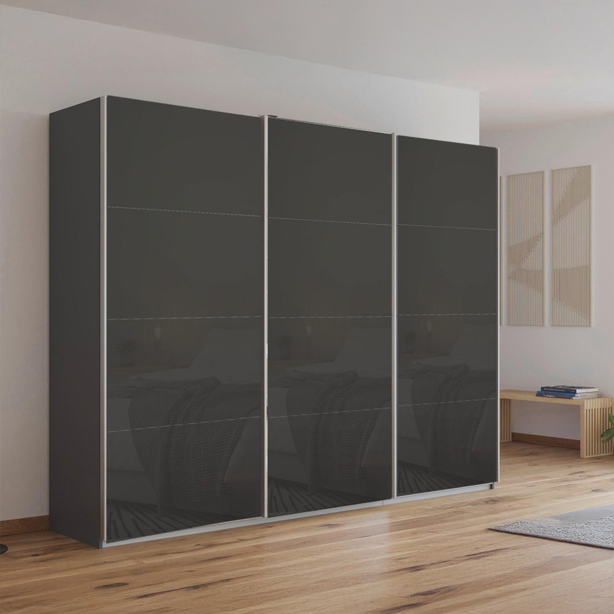 Rauch Kulmbach 271cm 3 Door Sliding Wardrobe - Metallic Dark Grey and Basalt Glass