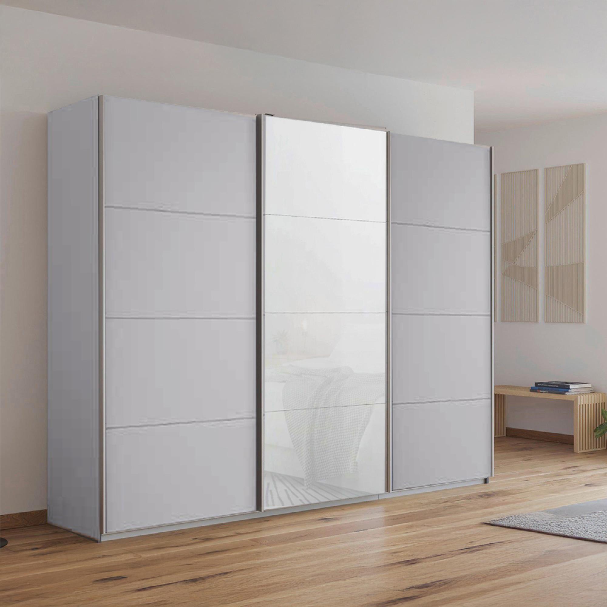 Rauch Kulmbach 271cm 3 Door Sliding Wardrobe - Silk Grey and White Glass Front