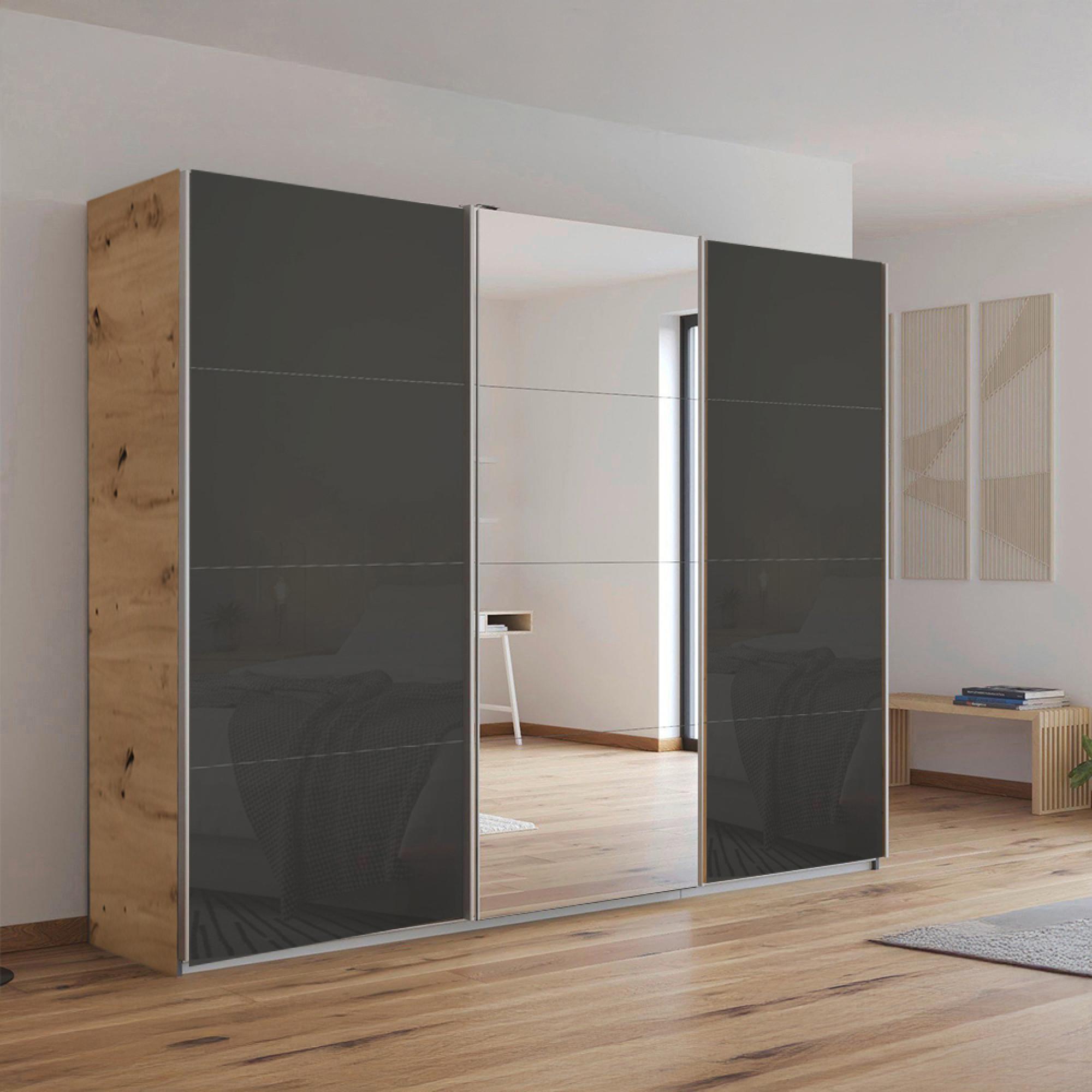 Rauch Kulmbach 271cm 3 Door Sliding Wardrobe with Mirror - Artisan Oak and Basalt Glass