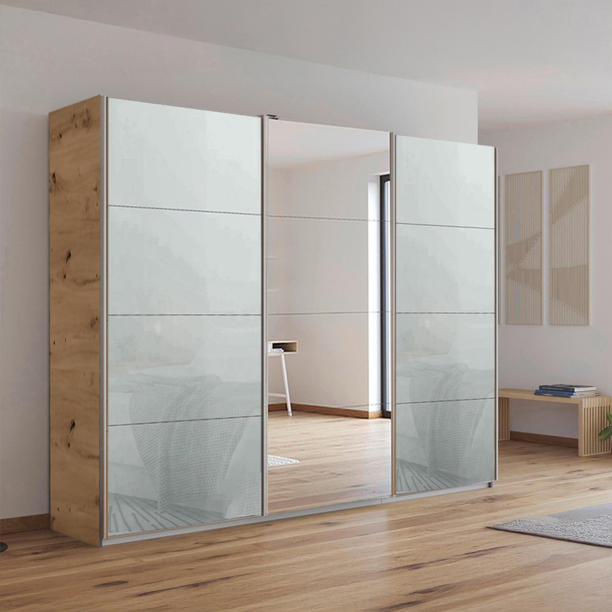 Rauch Kulmbach 271cm 3 Door Sliding Wardrobe with Mirror - Artisan Oak and Silk Grey Glass