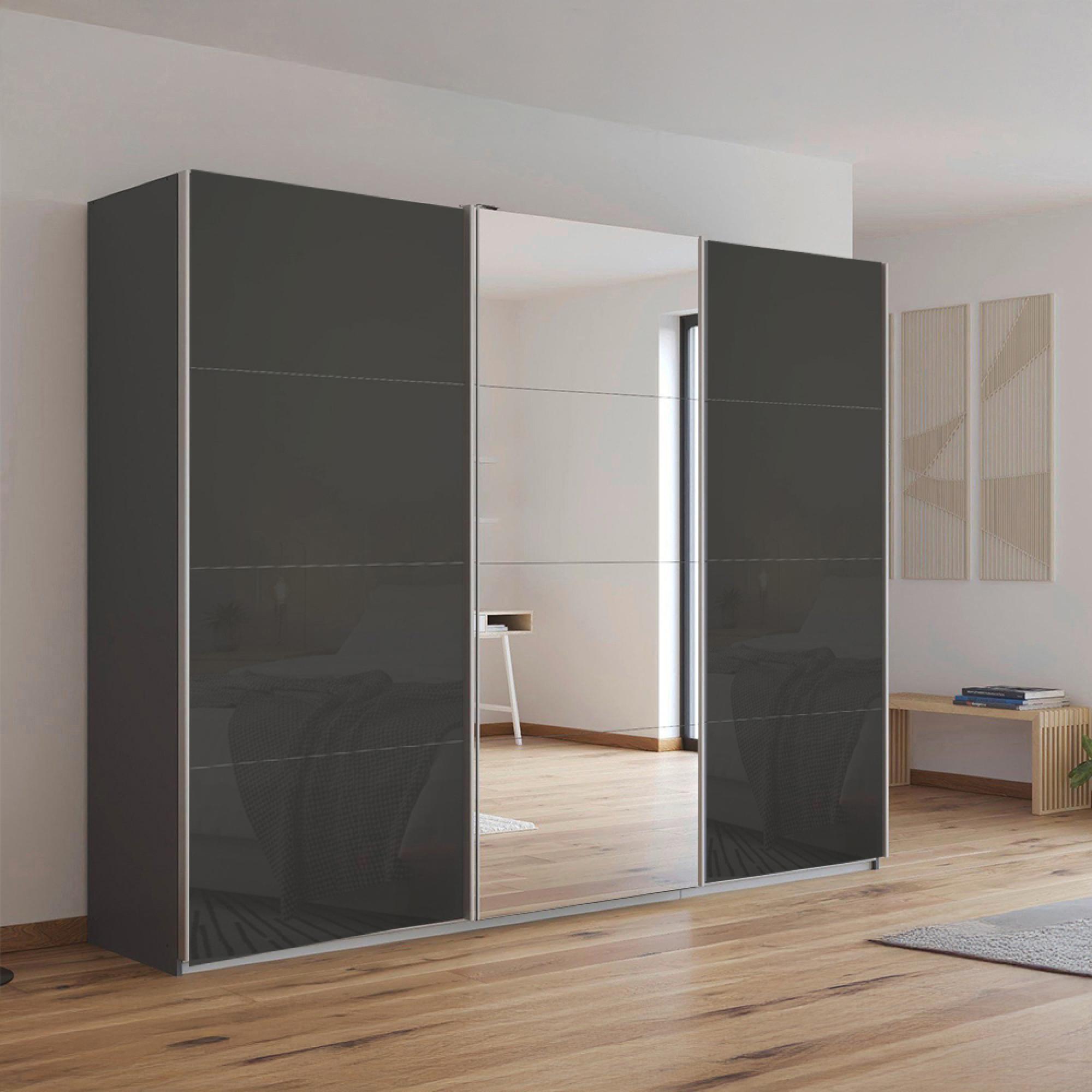 Rauch Kulmbach 271cm 3 Door Sliding Wardrobe with Mirror - Metallic Dark Grey and Basalt Glass